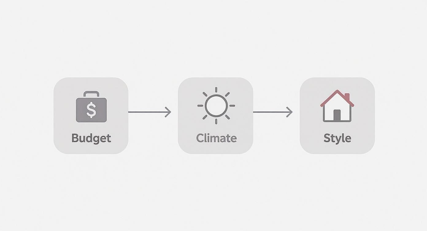 A diagram illustrating the sequential consideration of budget, climate, and style in a decision-making process.