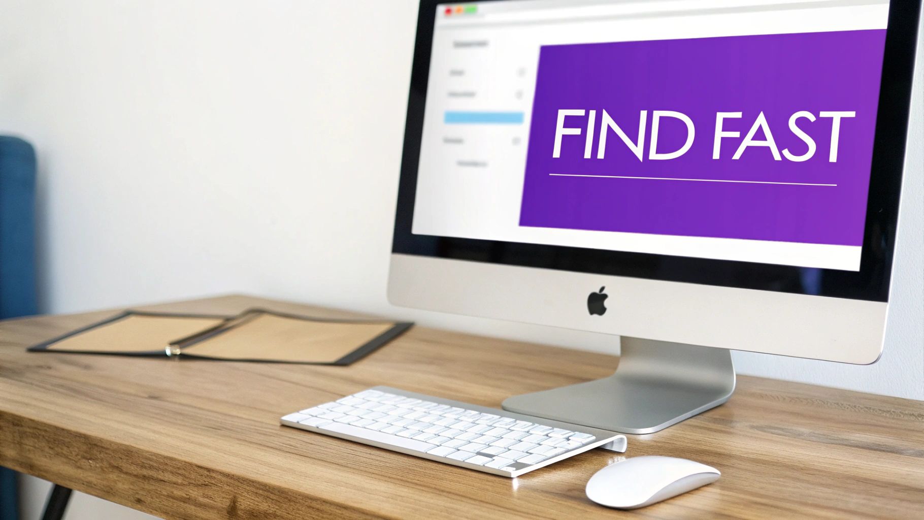 A modern workspace with an Apple iMac computer displaying 'FIND FAST', a white keyboard, and a mouse.