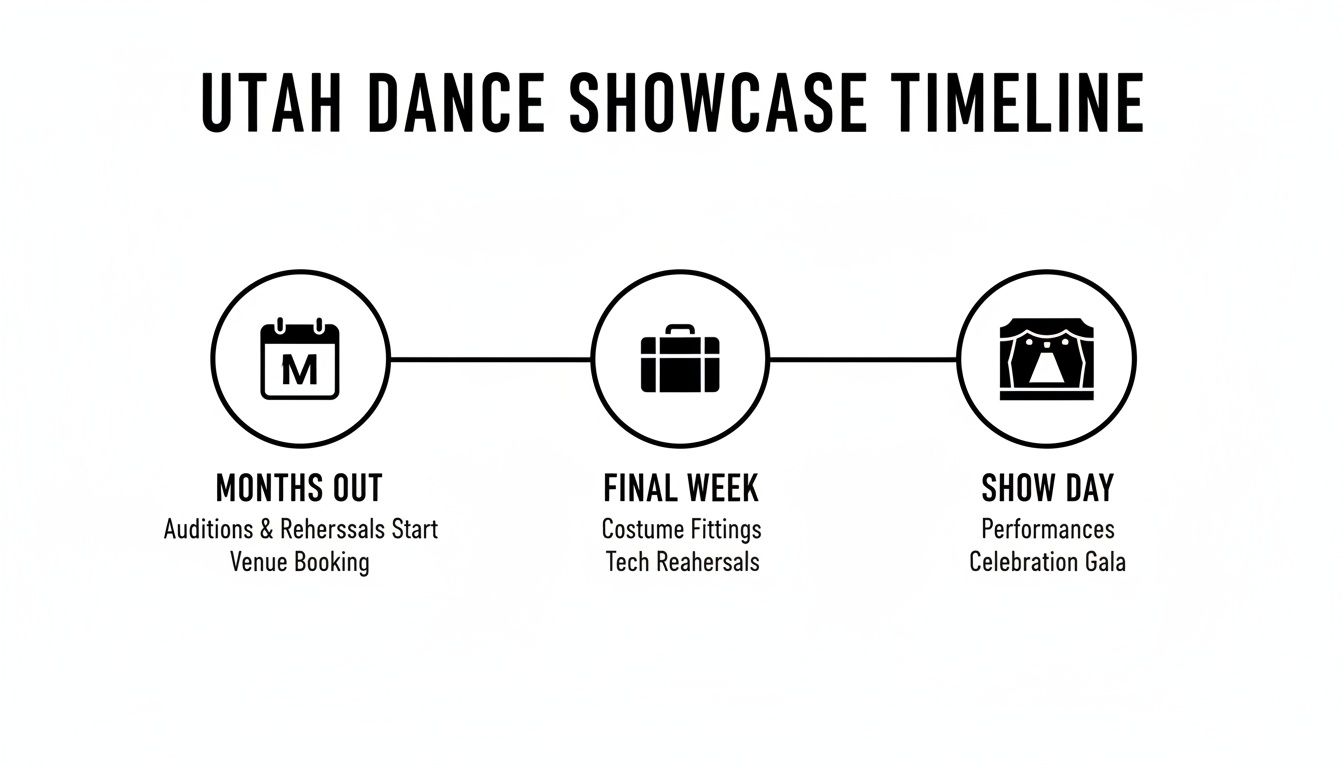 Timeline for Utah Dance Showcase, detailing preparation stages: months out, final week, and show day.
