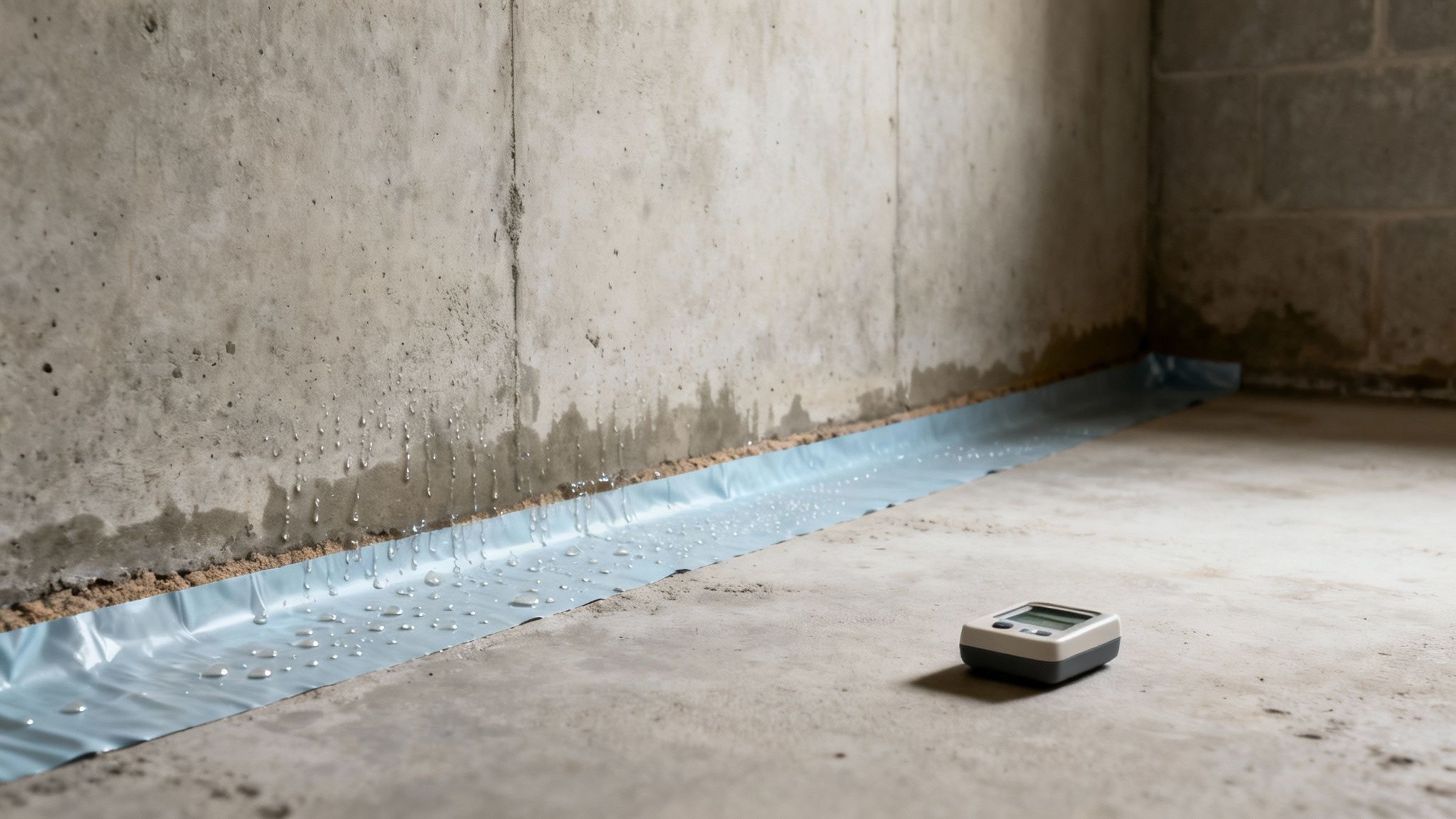 Water is leaking down a concrete basement wall, dripping onto a blue plastic sheet with a moisture meter nearby.