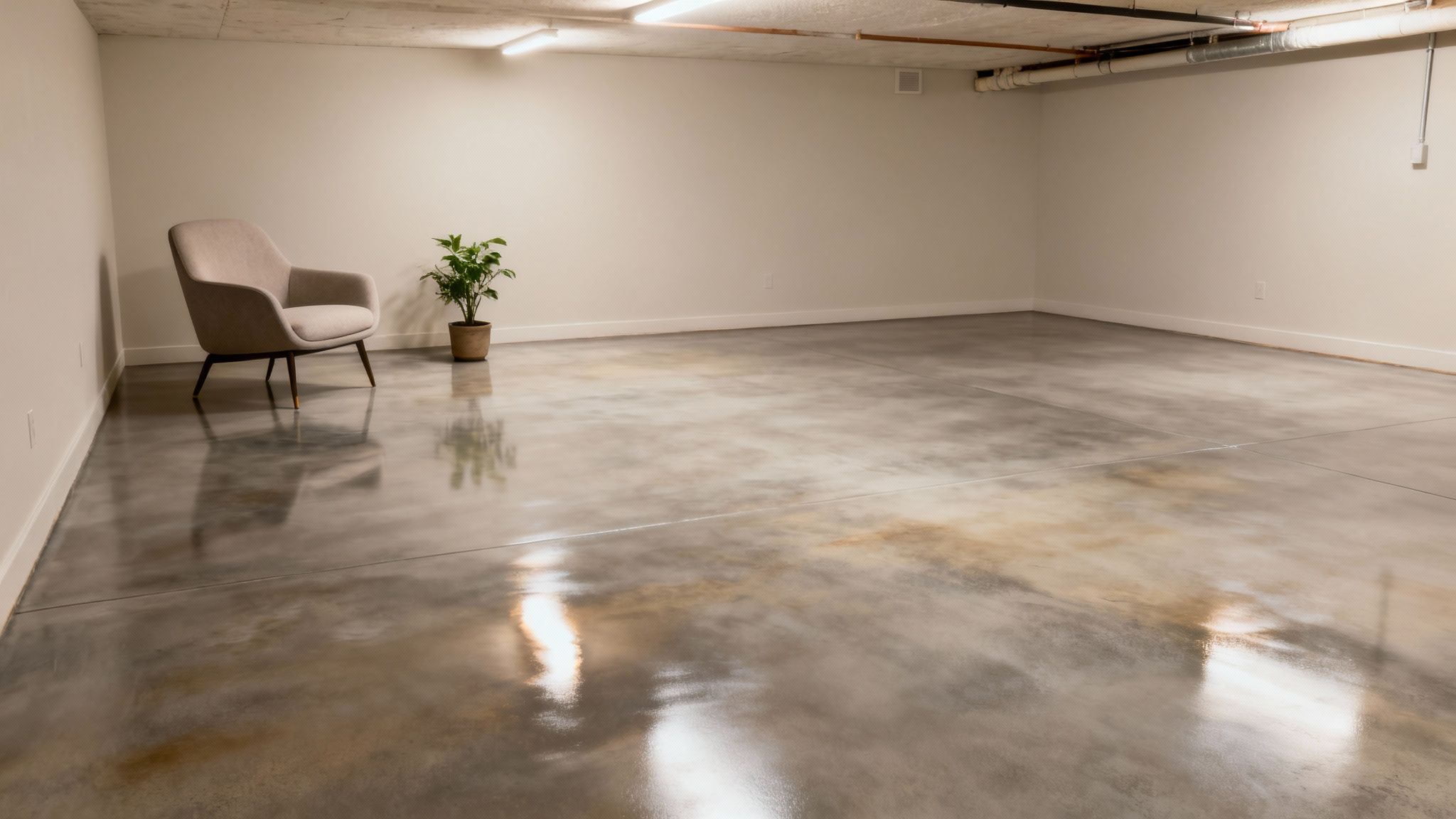 An empty basement room featuring polished concrete floors, an armchair, and a small potted plant.