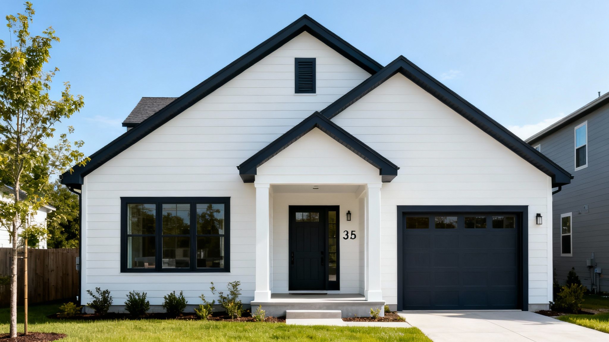 A modern white house with black trim, a black front door, and a black garage, featuring house number 35.