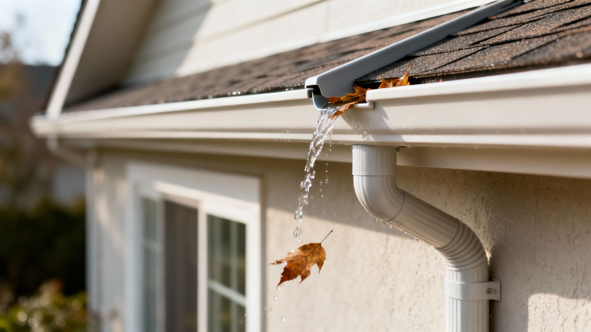 Water overflowing from a house gutter with a falling autumn leaf, indicating a clogged gutter.