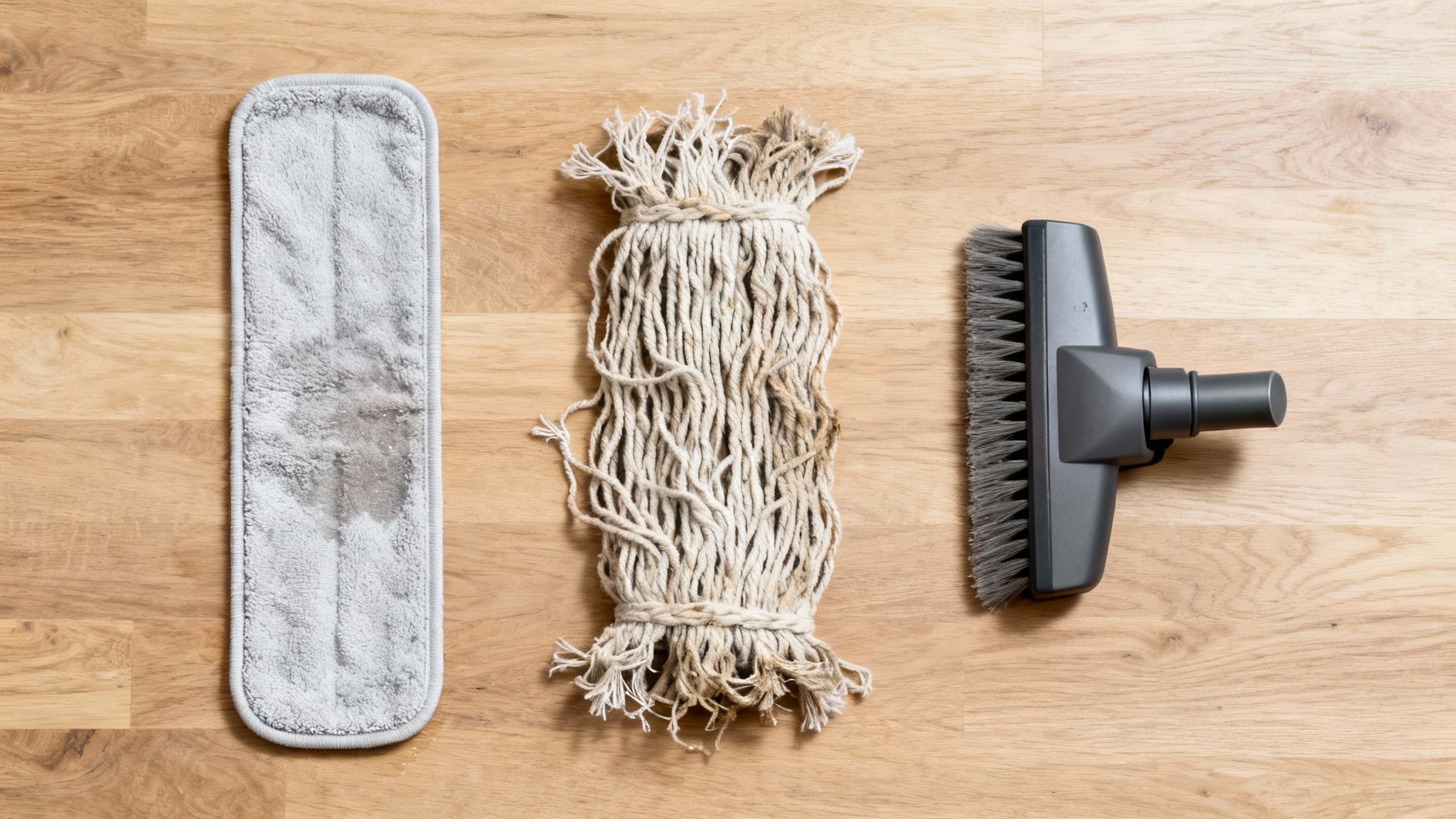 A close-up overhead shot of three different cleaning tools, including mops and a vacuum attachment, on a wooden floor.