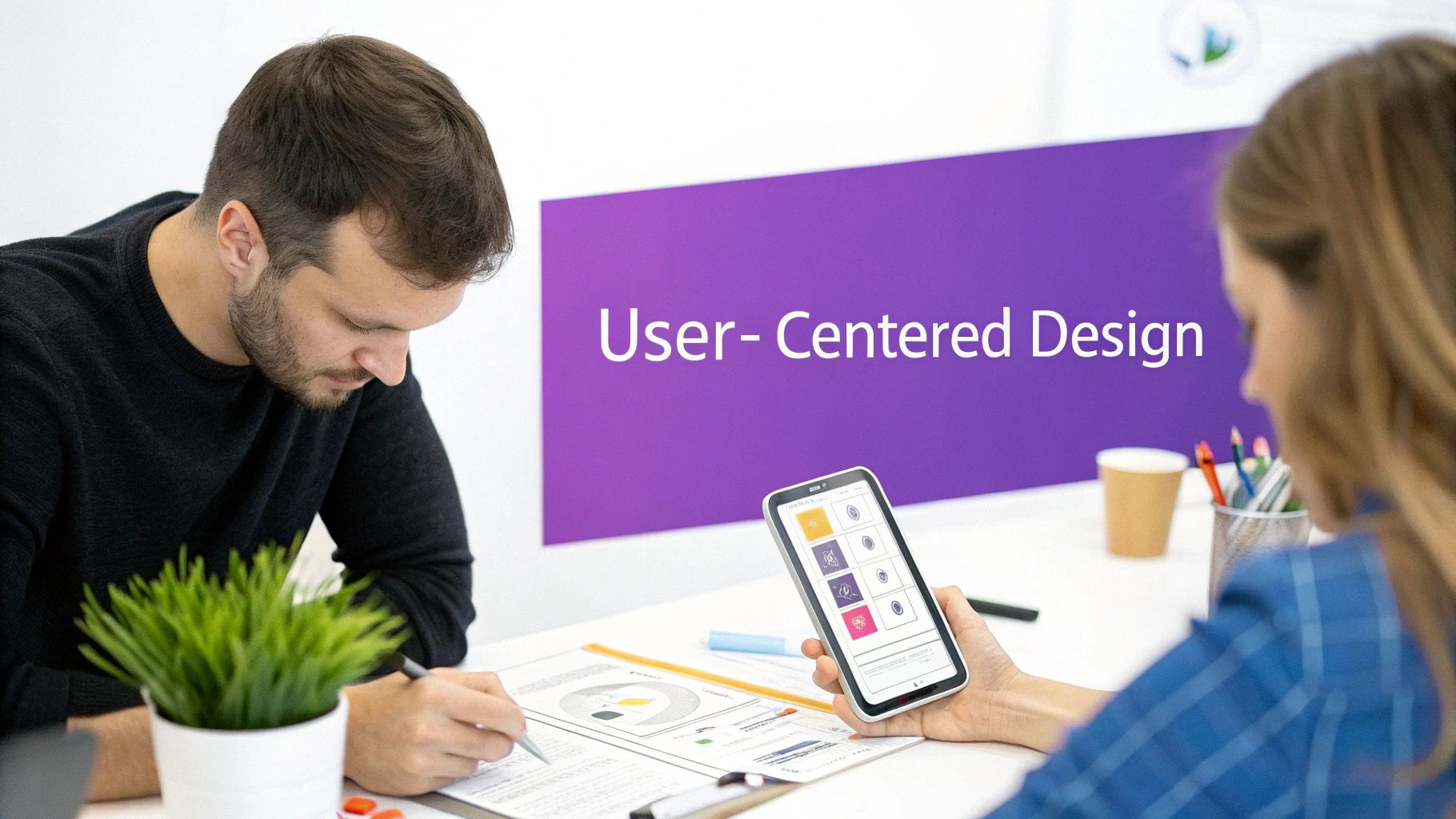 Two designers collaborating on user-centered design, one writing, the other showcasing a mobile app interface.