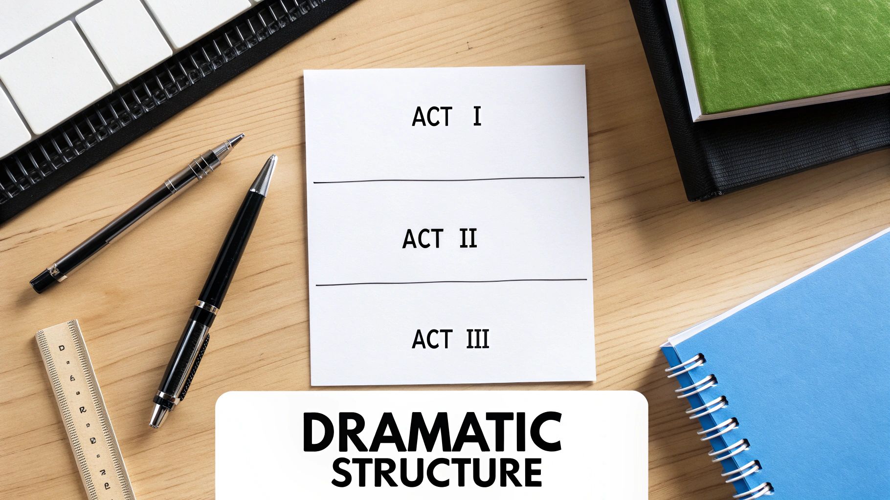 A white paper with 'ACT I', 'ACT II', 'ACT III' and 'DRAMATIC STRUCTURE' on a wooden desk with pens and notebooks.