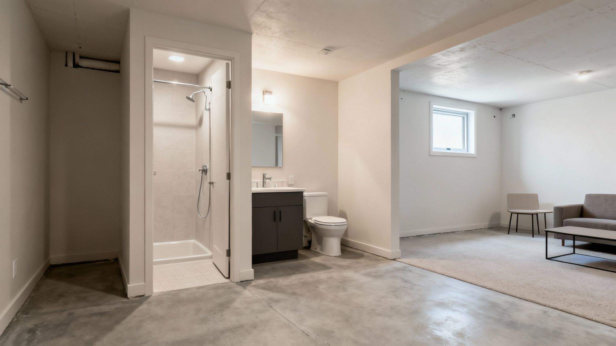 Modern basement remodel with a new bathroom, shower, vanity, and open living space.