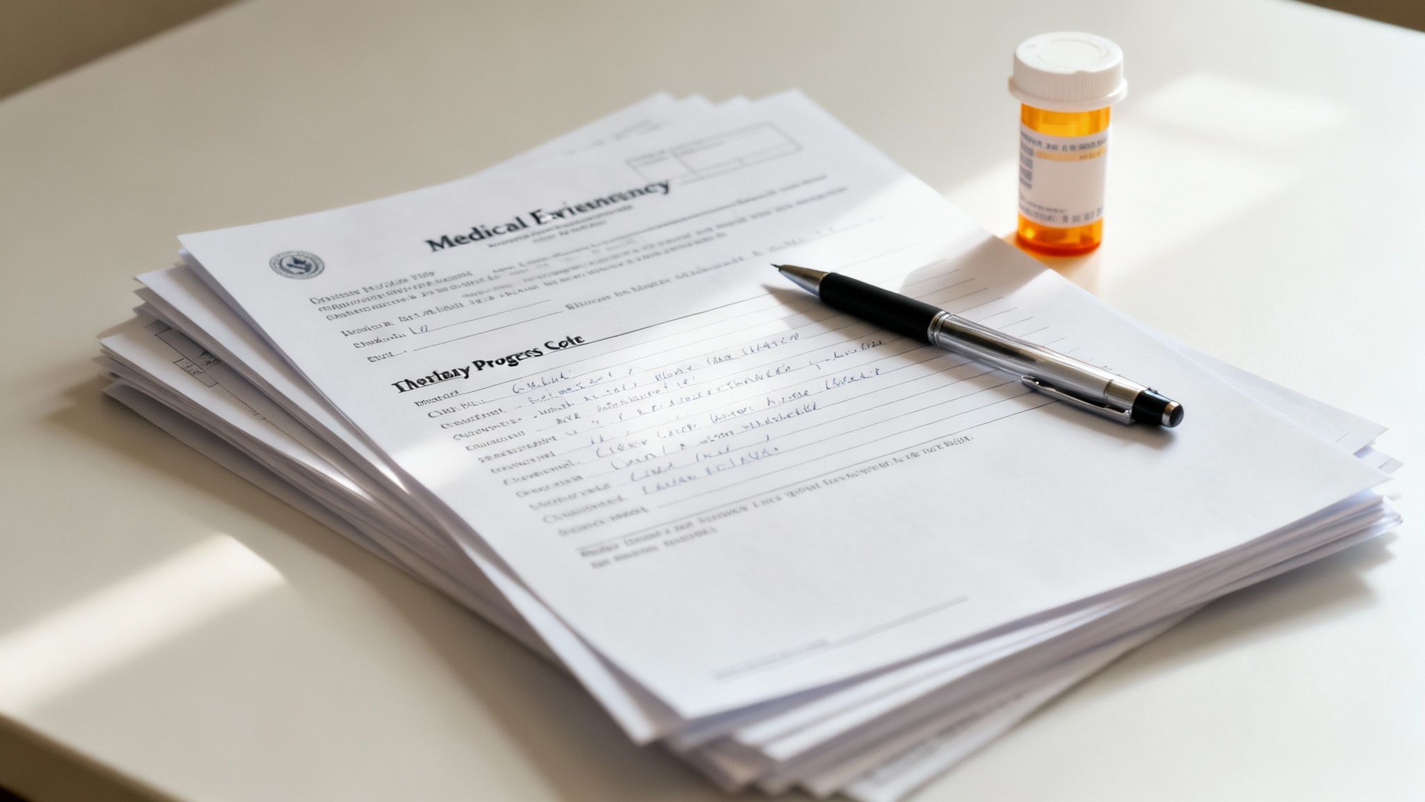 A stack of medical documents with handwritten notes, a pen, and a prescription bottle on a white desk.