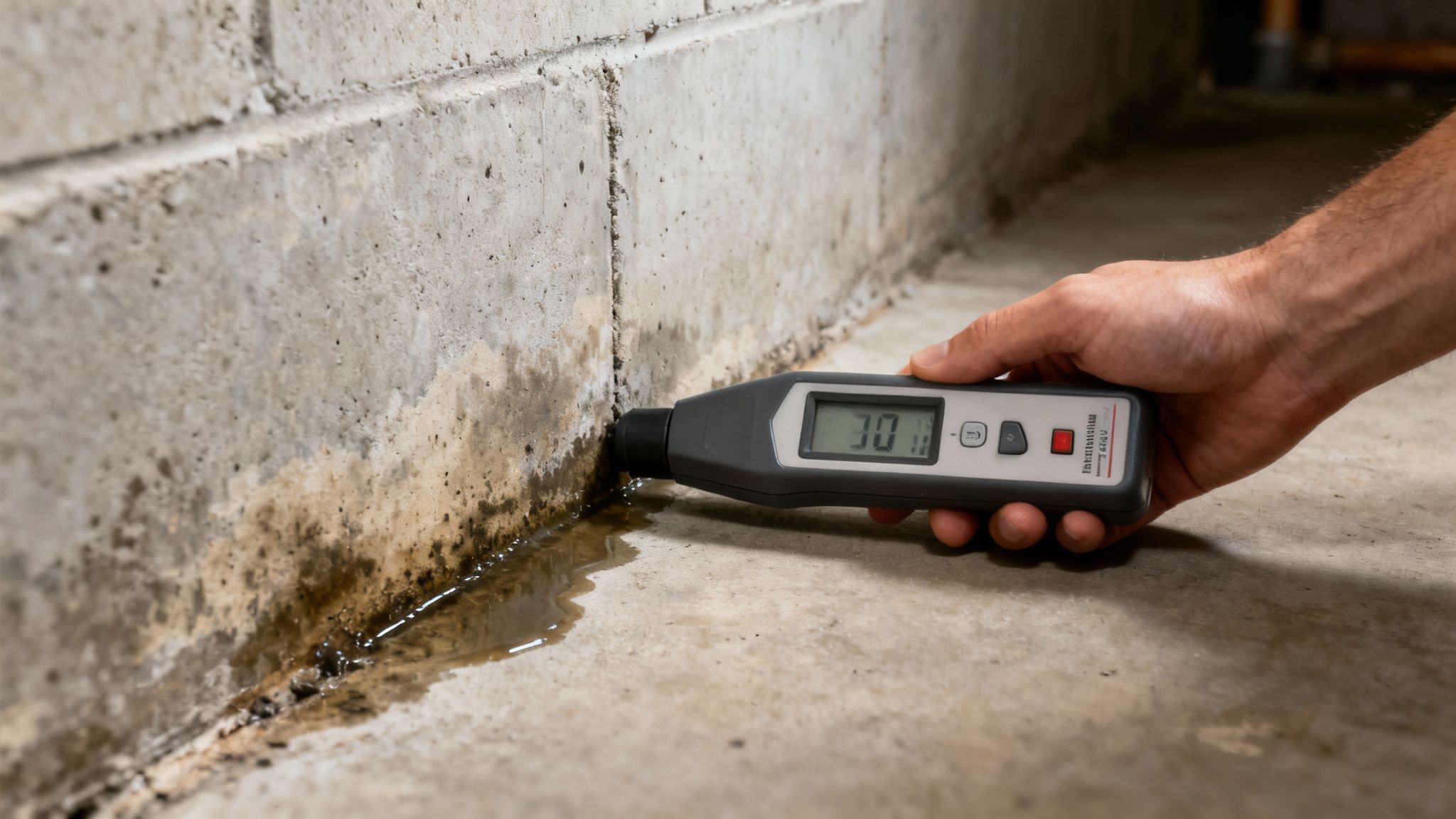 A hand holds a digital moisture meter against a damp concrete basement wall with mold and standing water.