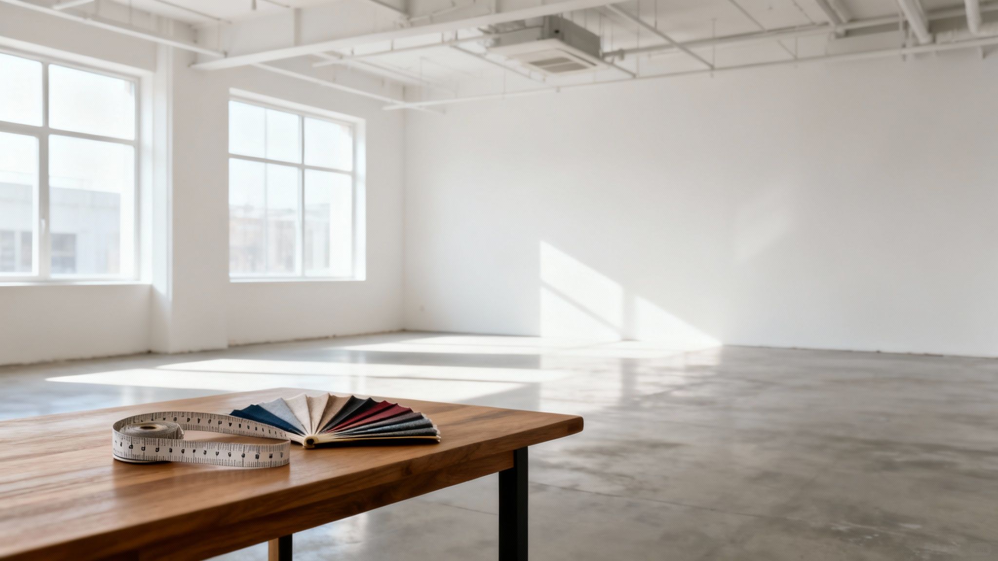 Measuring tape and fabric swatches on a table in a bright, modern, empty loft space, ideal for renovation.