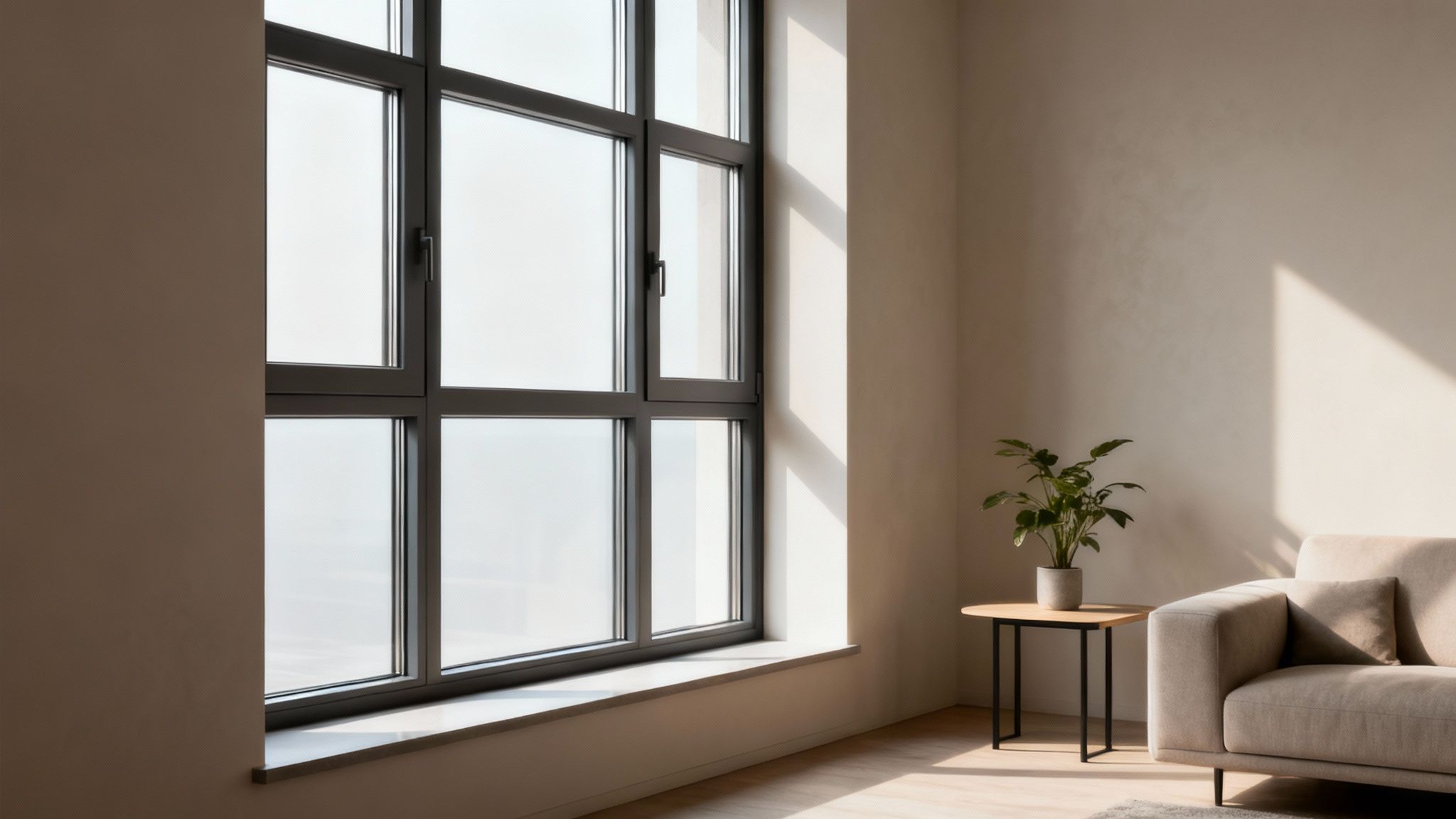 A bright, modern living room with a large multi-pane window, a potted plant on a side table, and a light-colored sofa.