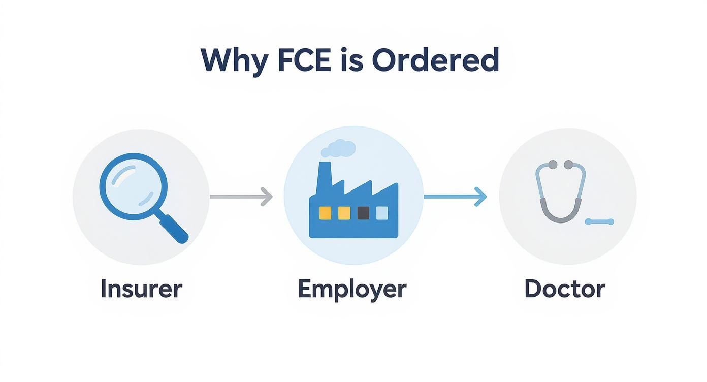 Diagram illustrating the process of Functional Capacity Evaluation (FCE) orders: from Insurer to Employer to Doctor.