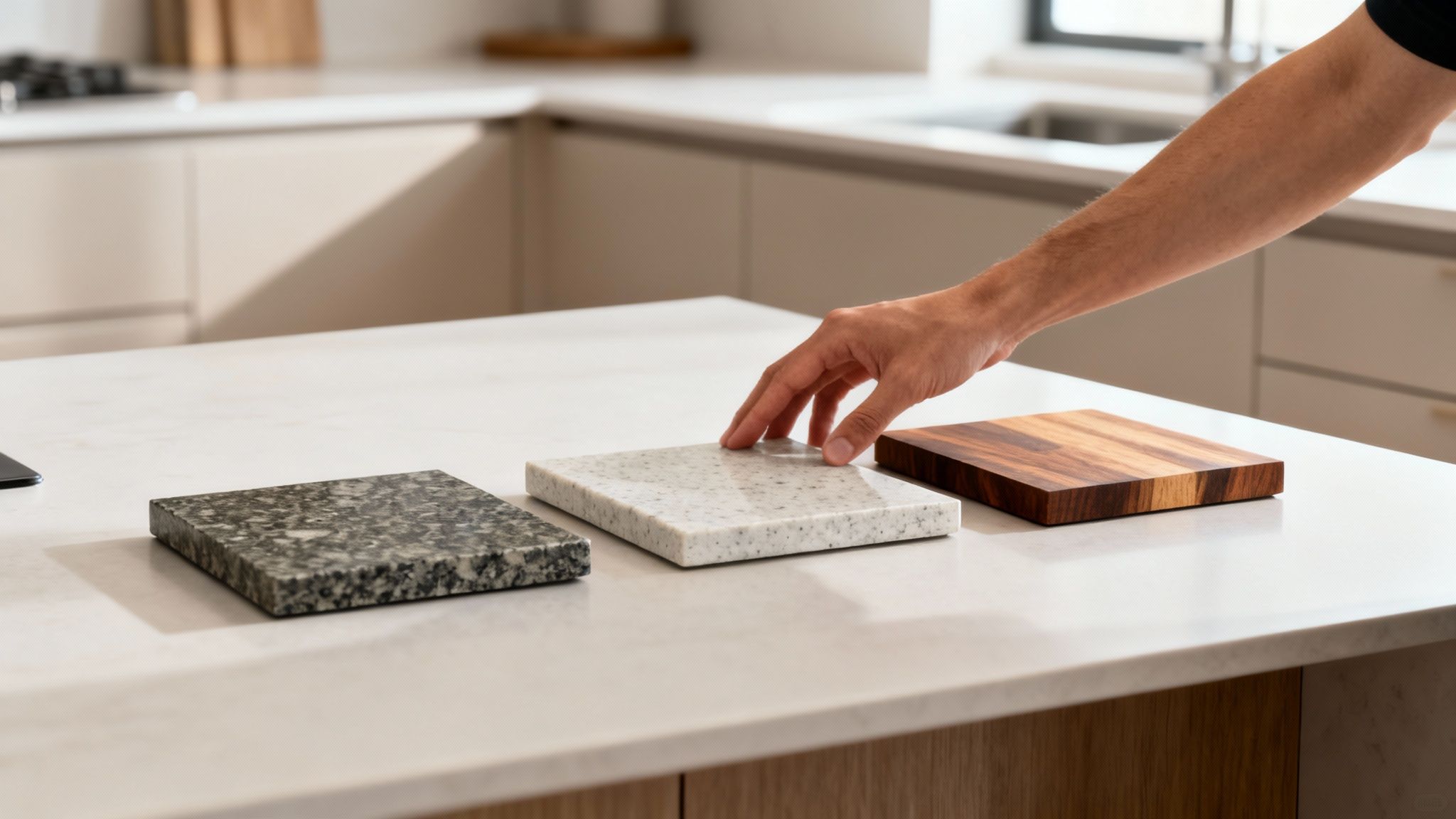 Hand touches white speckled countertop sample, with two others on a modern kitchen island.