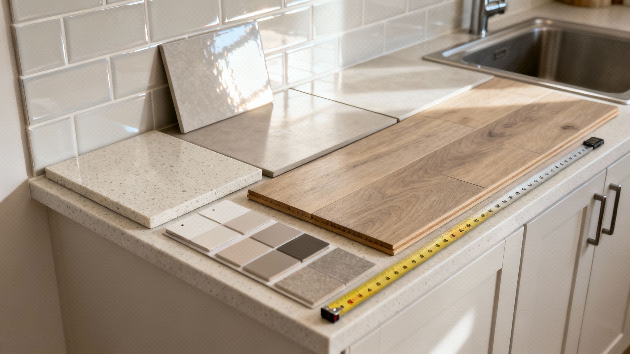 Various material samples for kitchen remodel: tiles, flooring, countertop, and paint swatches with a tape measure.