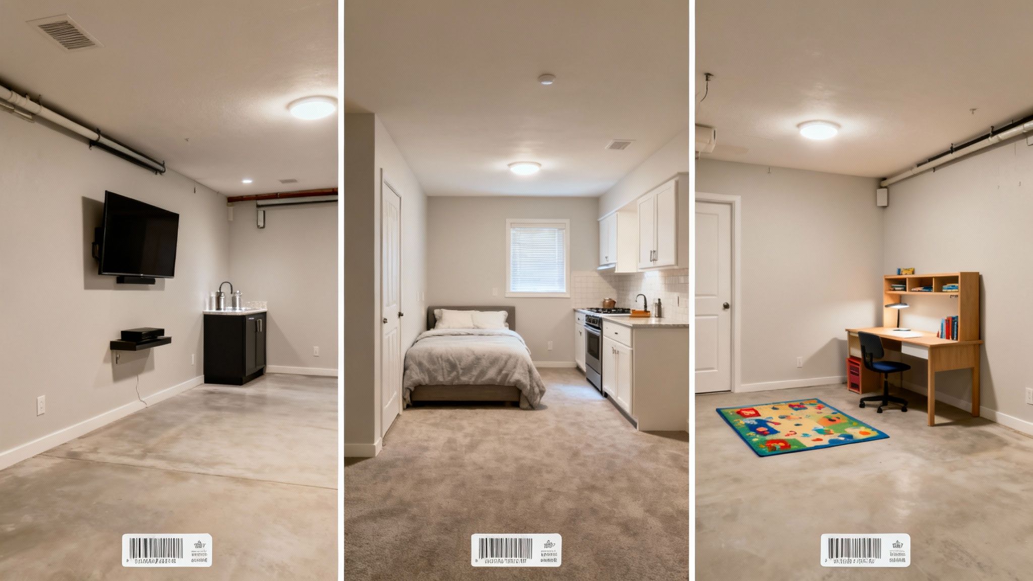 Modern finished basement with multiple rooms including bedroom, kitchenette, and office space