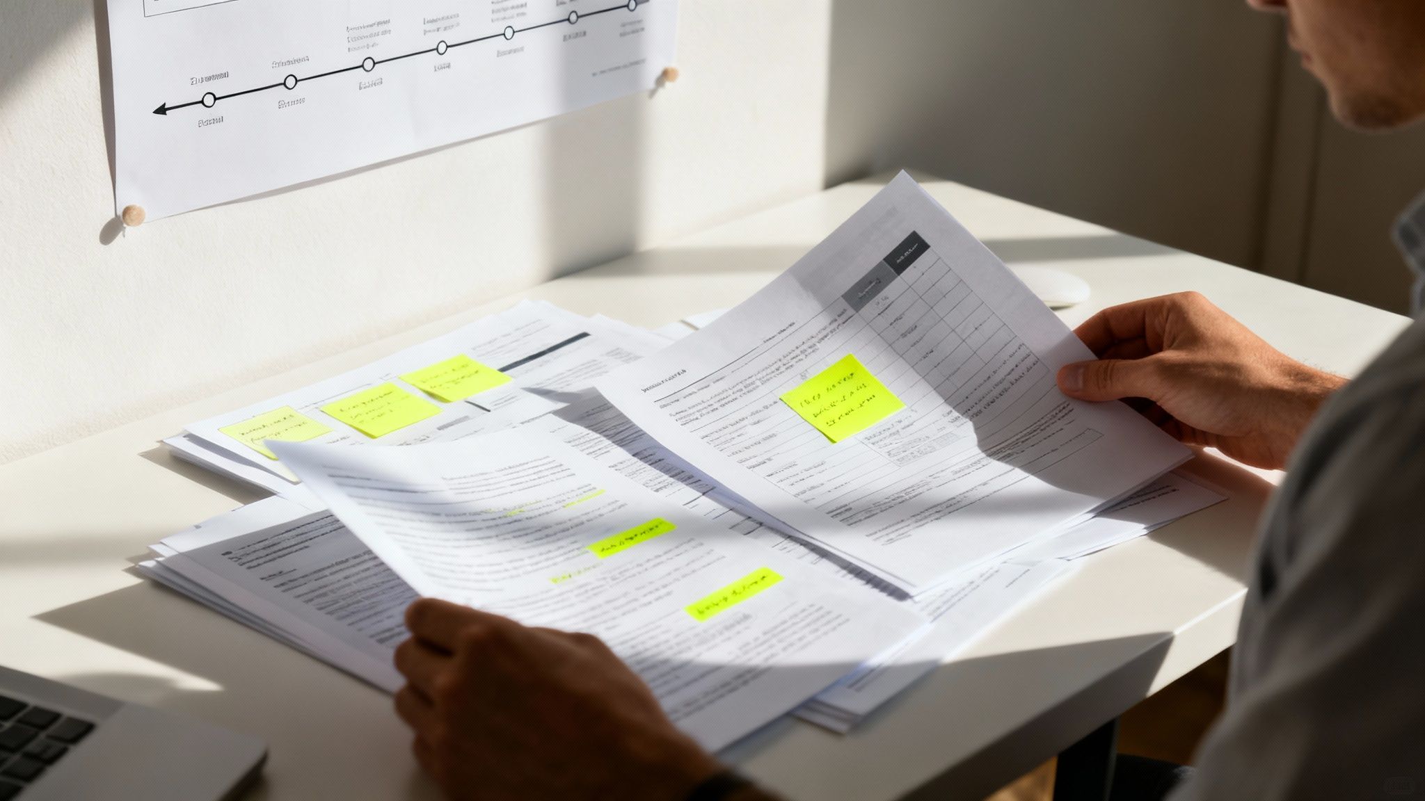 A person reviewing legal documents and notes at a desk