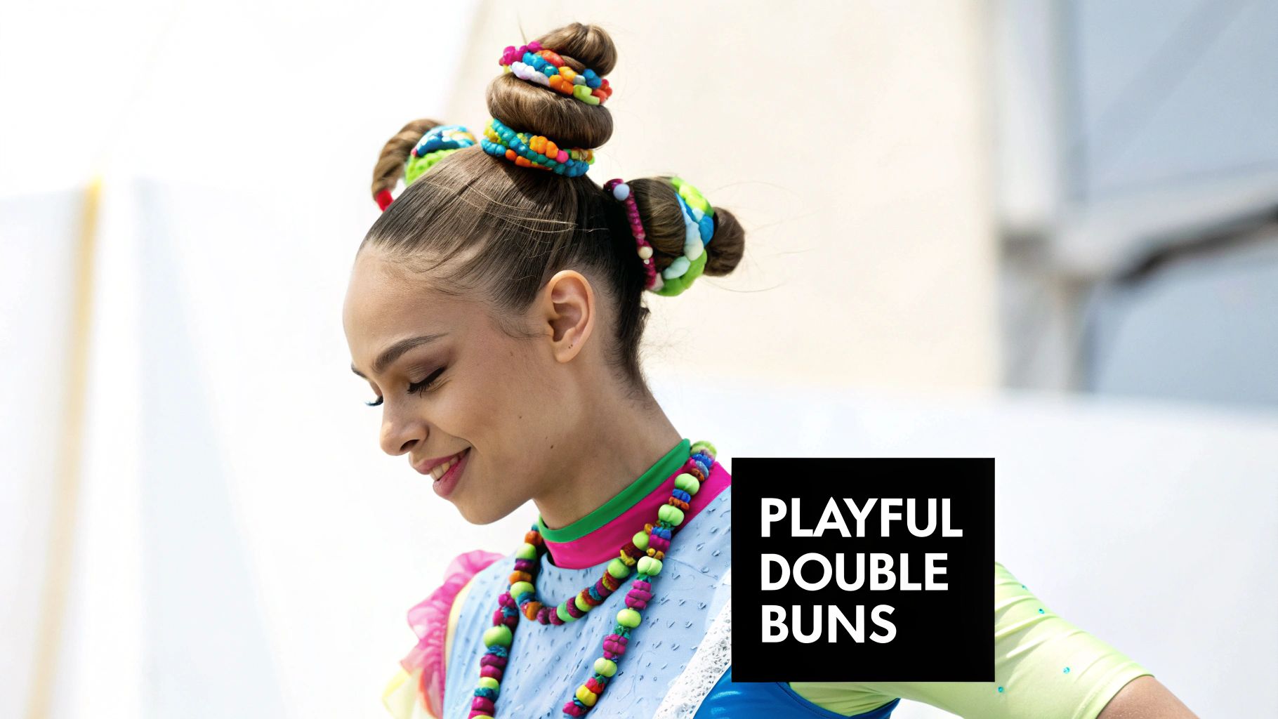 Smiling woman showcasing artistic double bun hairstyles with bright, braided accents and a colorful necklace.