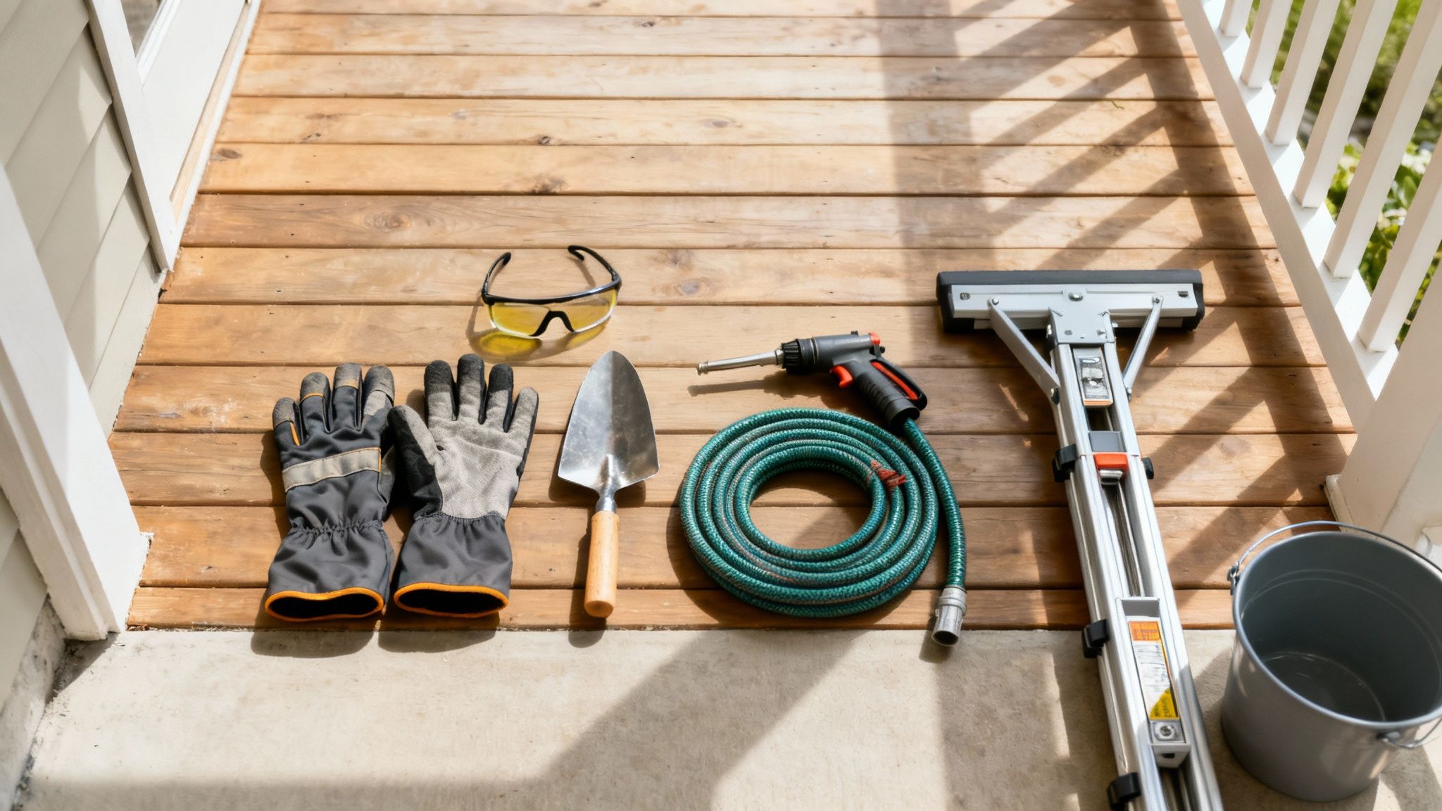 Essential gutter cleaning tools and safety equipment laid out on wooden deck including gloves, ladder, and hose