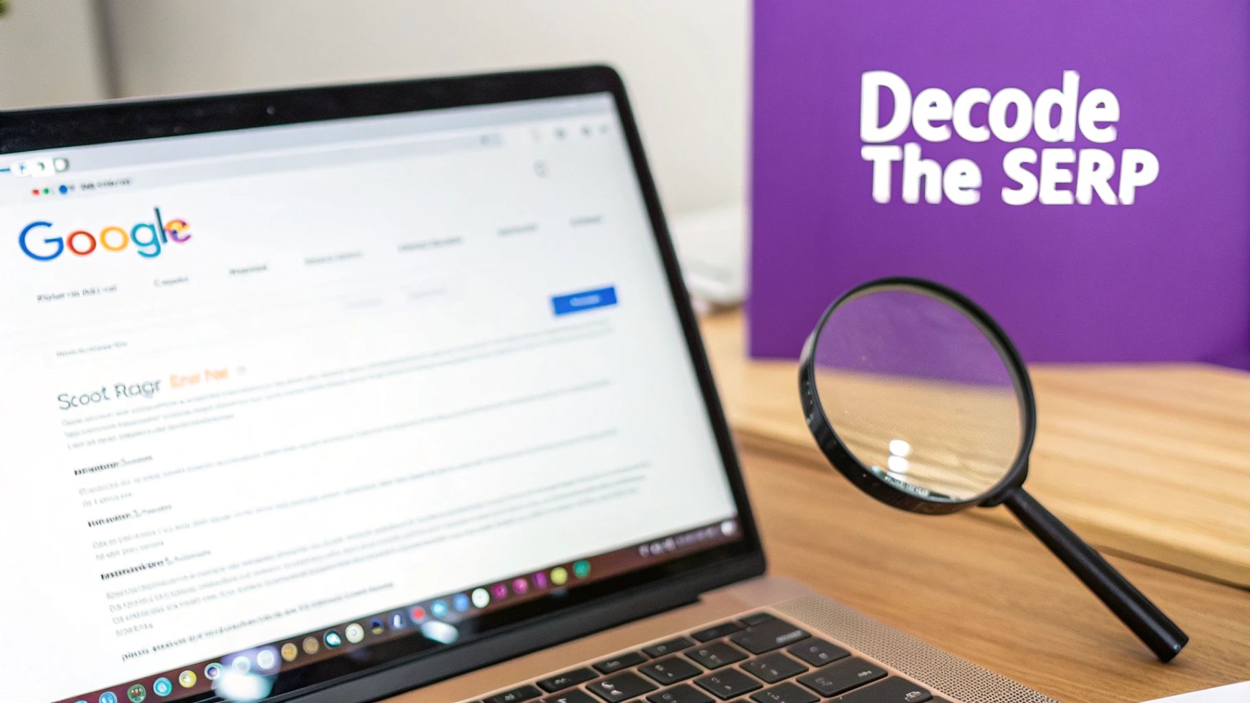 A laptop displaying Google search results, a magnifying glass, and a 'Decode The SERP' sign.
