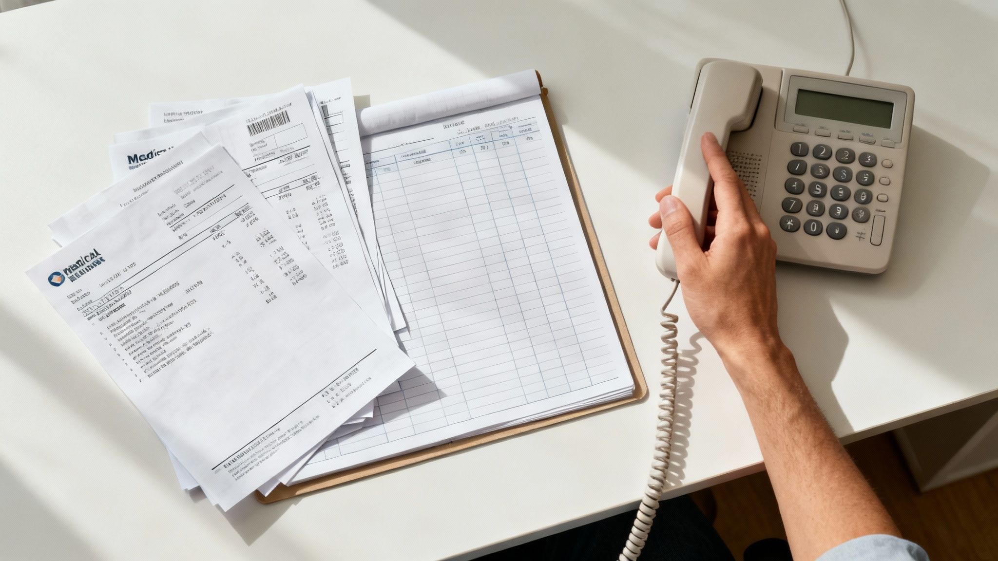 A person looking concerned while reviewing a stack of medical bills and an explanation of benefits form.