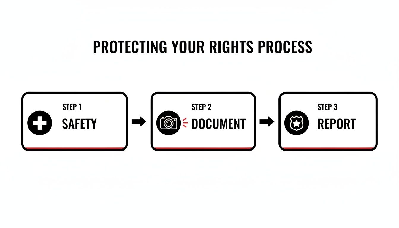 An infographic showing a three-step process for protecting your rights: Step 1 Safety, Step 2 Document, Step 3 Report.