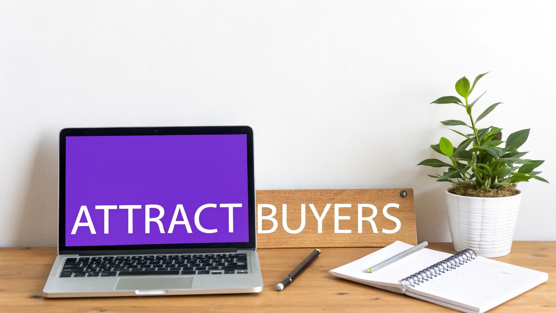 A laptop displays 'ATTRACT' on a purple screen, with a 'BUYERS' sign and plant on a desk.