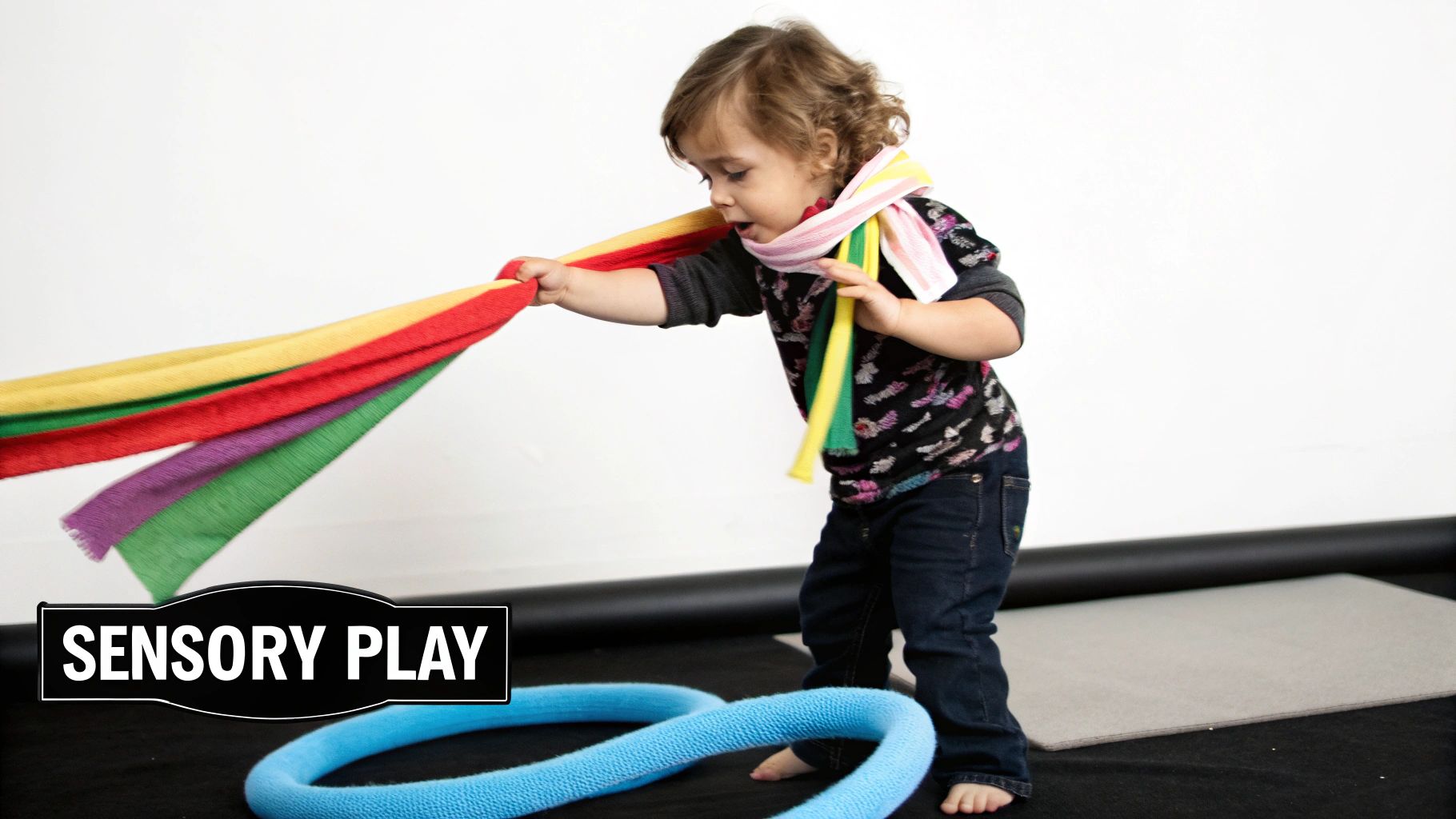 A young child engages in sensory play, holding colorful scarves and a blue tube on the floor.