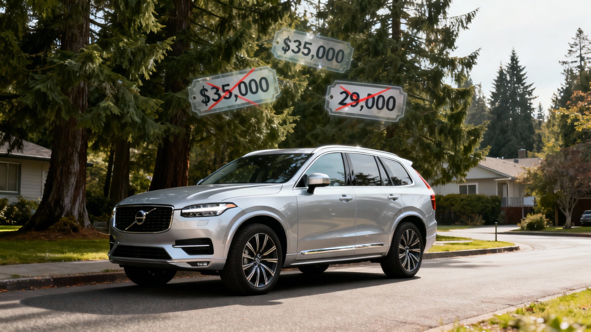 A silver Volvo SUV parked on a tree-lined street with crossed-out price tags floating above it.