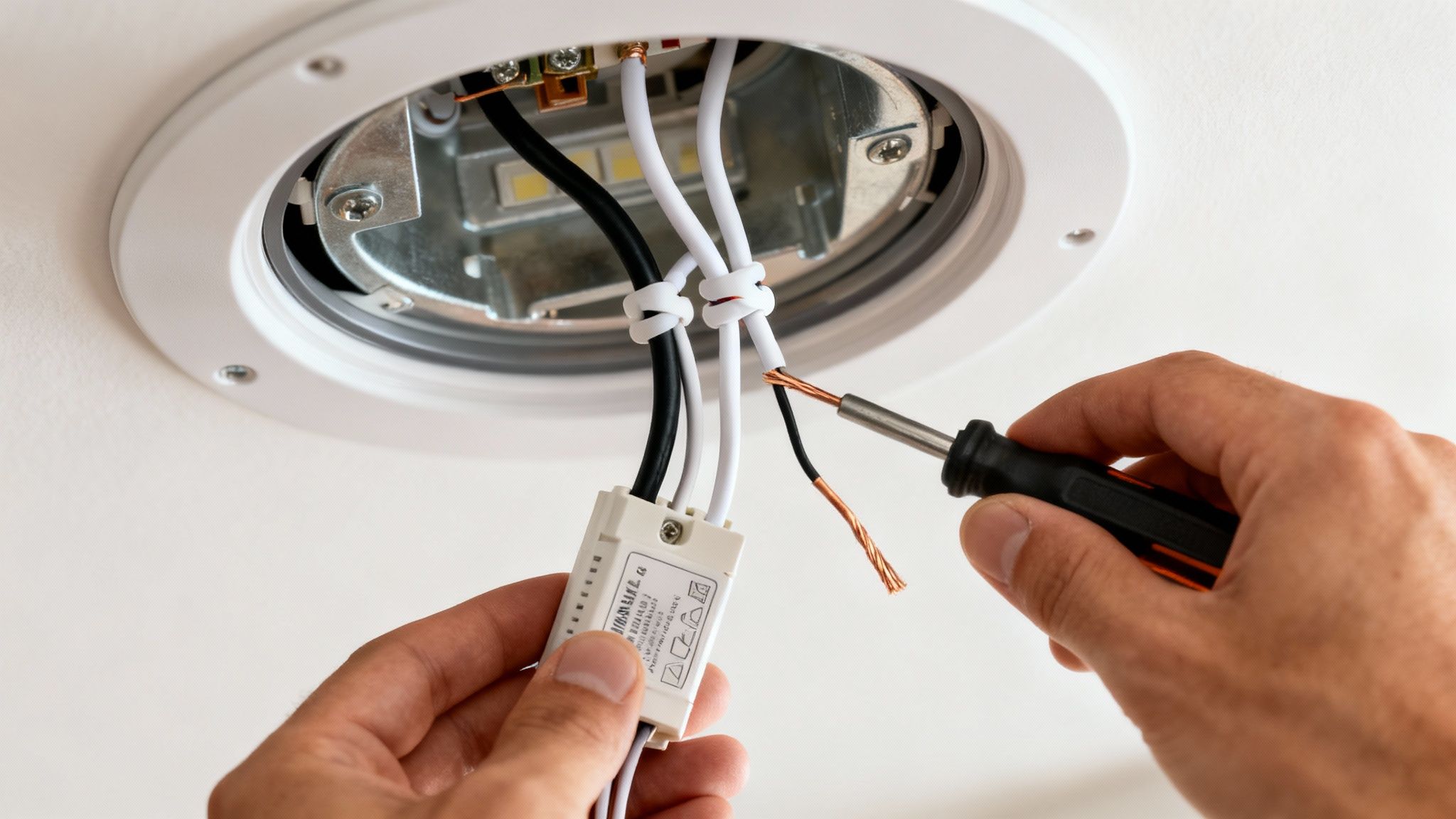 Hands connect electrical wires with a screwdriver for recessed lighting installation in a ceiling.