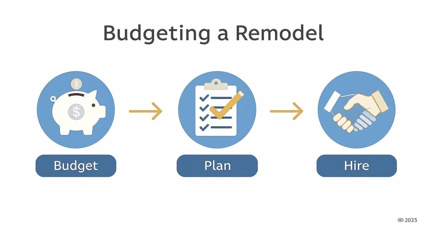 A visual guide illustrating the steps to budget, plan, and hire for a home remodel.