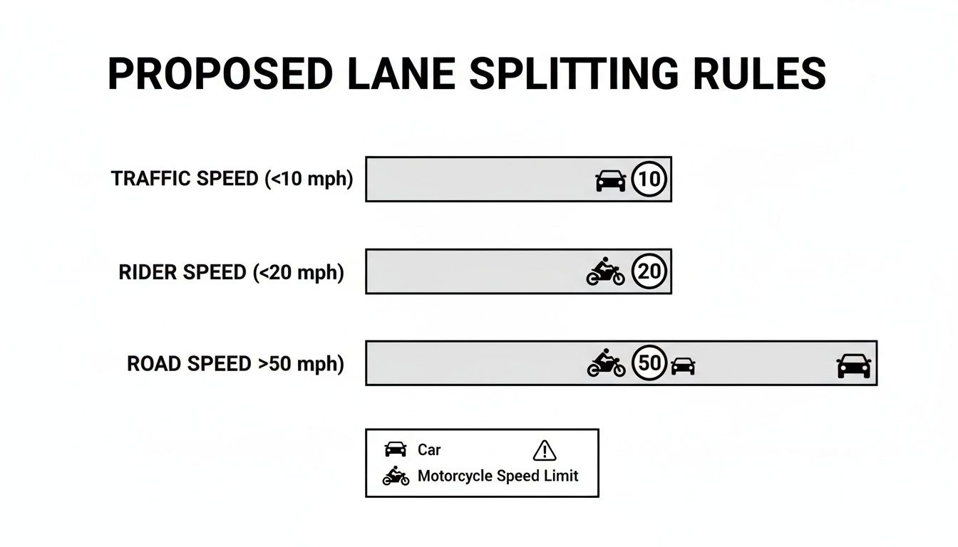 Diagram illustrating proposed lane splitting rules for motorcycles, showing speed limits based on traffic and rider speed.