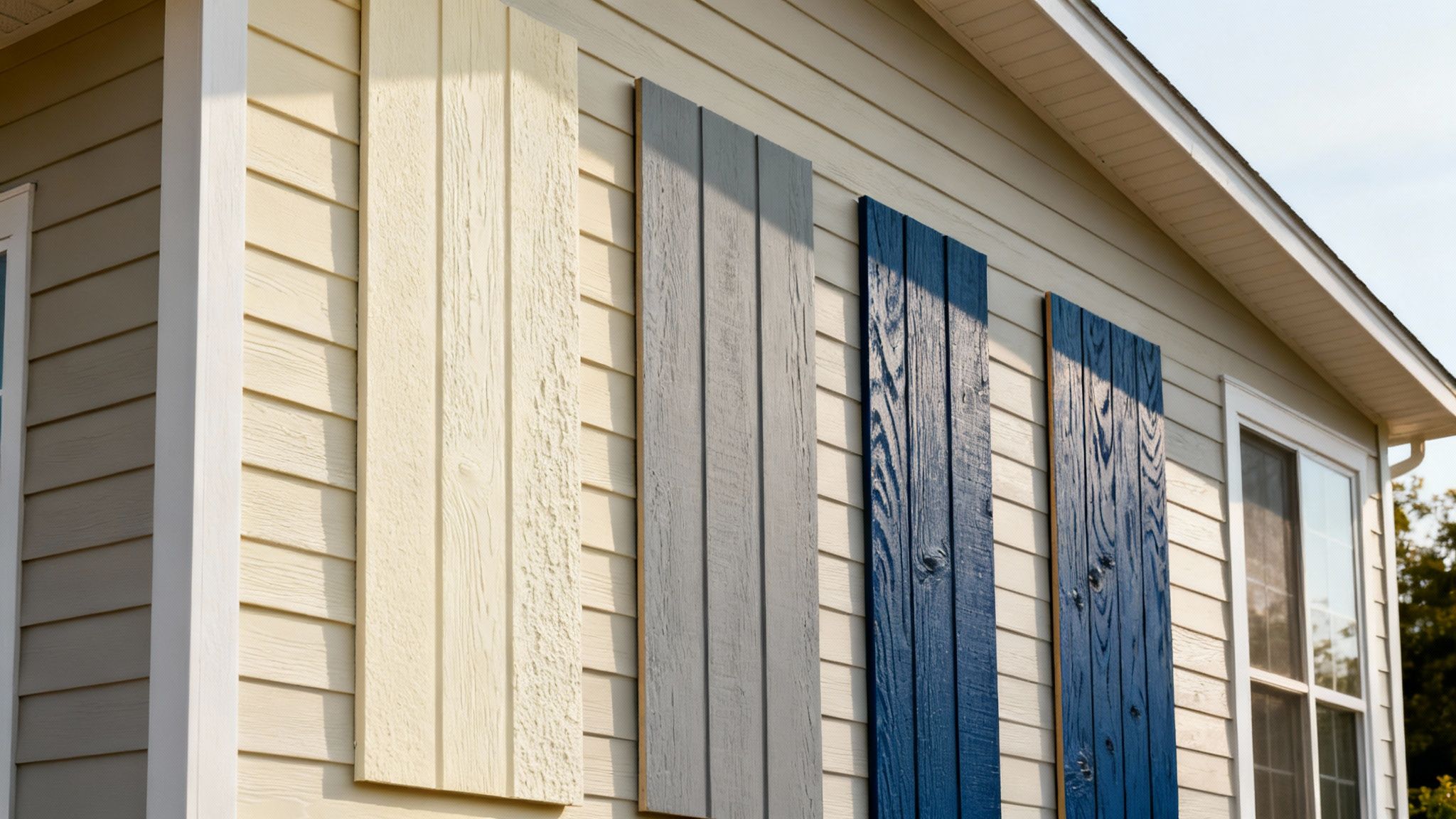 Close-up of a house exterior showcasing various siding and shutter color samples, including yellow, gray, and blue.