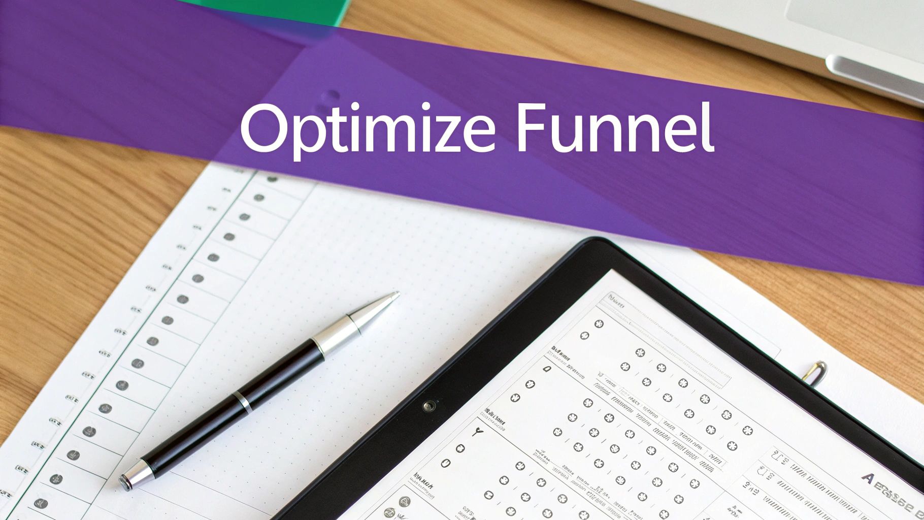 A pen and paper on a wooden desk with a tablet, overlaid by a purple banner saying 'Optimize Funnel'.