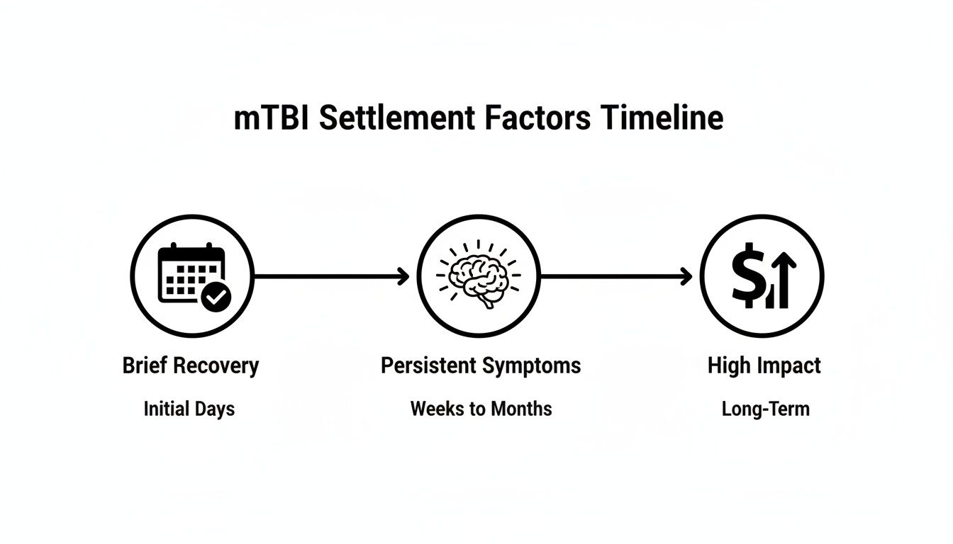 Timeline illustrating factors influencing mild traumatic brain injury settlement, from brief recovery to long-term impact.
