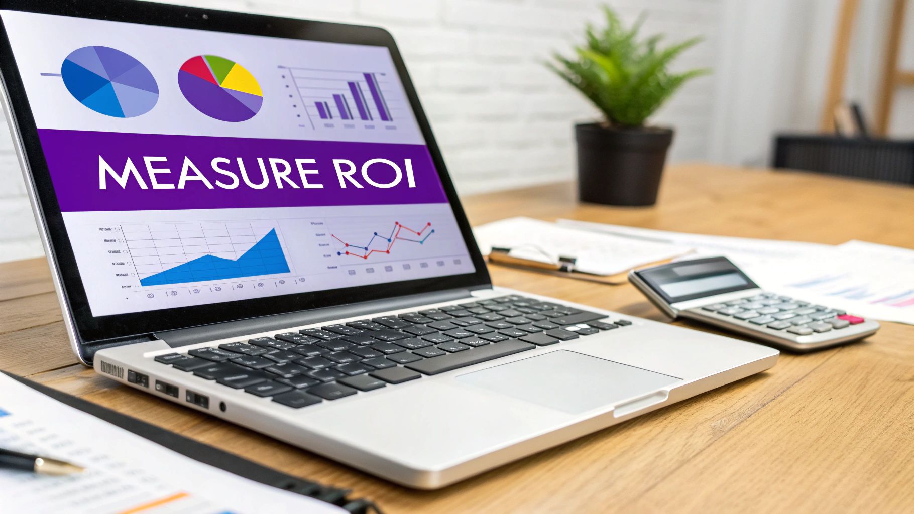 Laptop displaying ROI measurement dashboard with charts and graphs on wooden desk with calculator