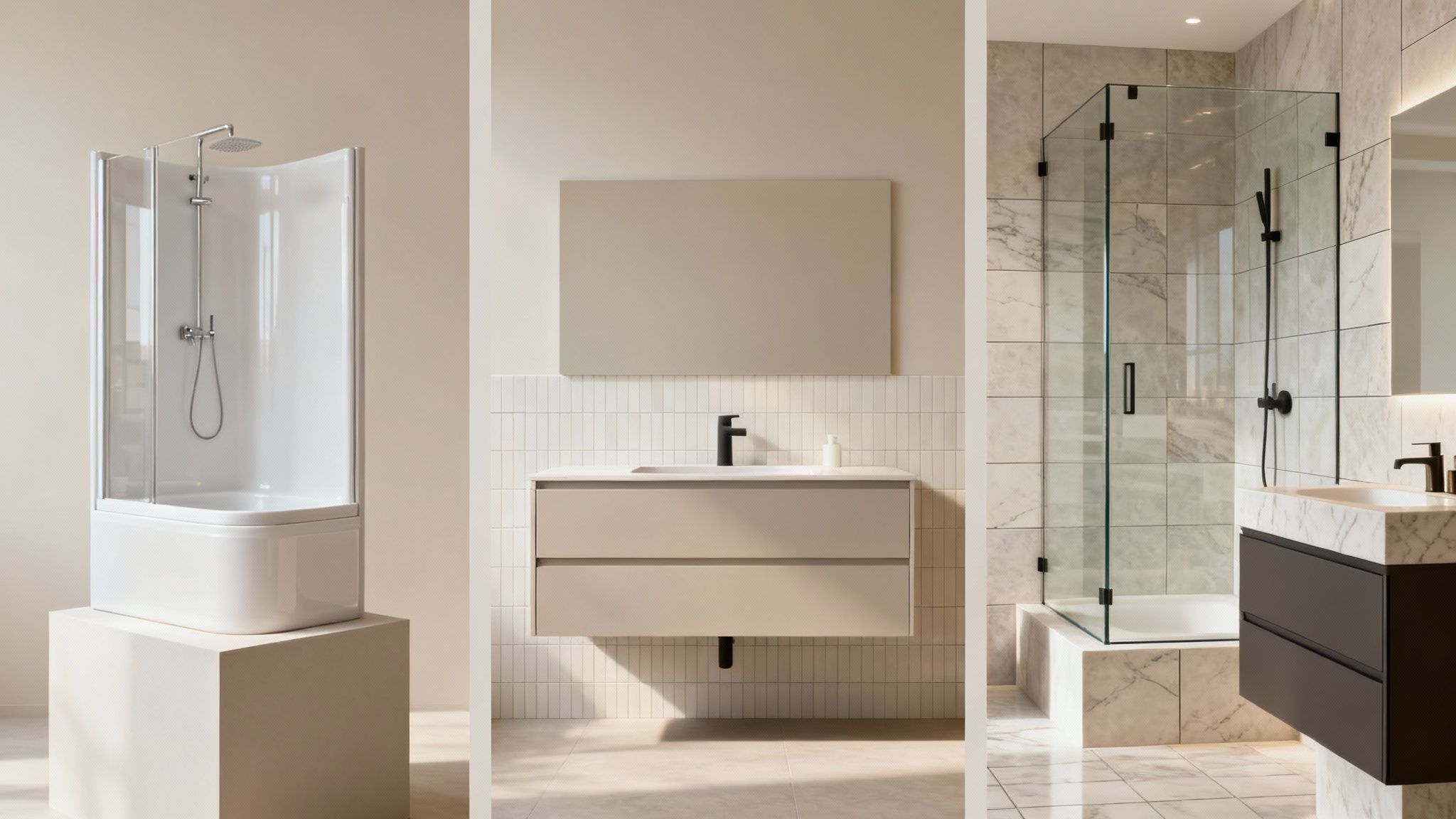 Three modern bathroom designs showcasing different shower-baths, vanities, and luxurious tiling.