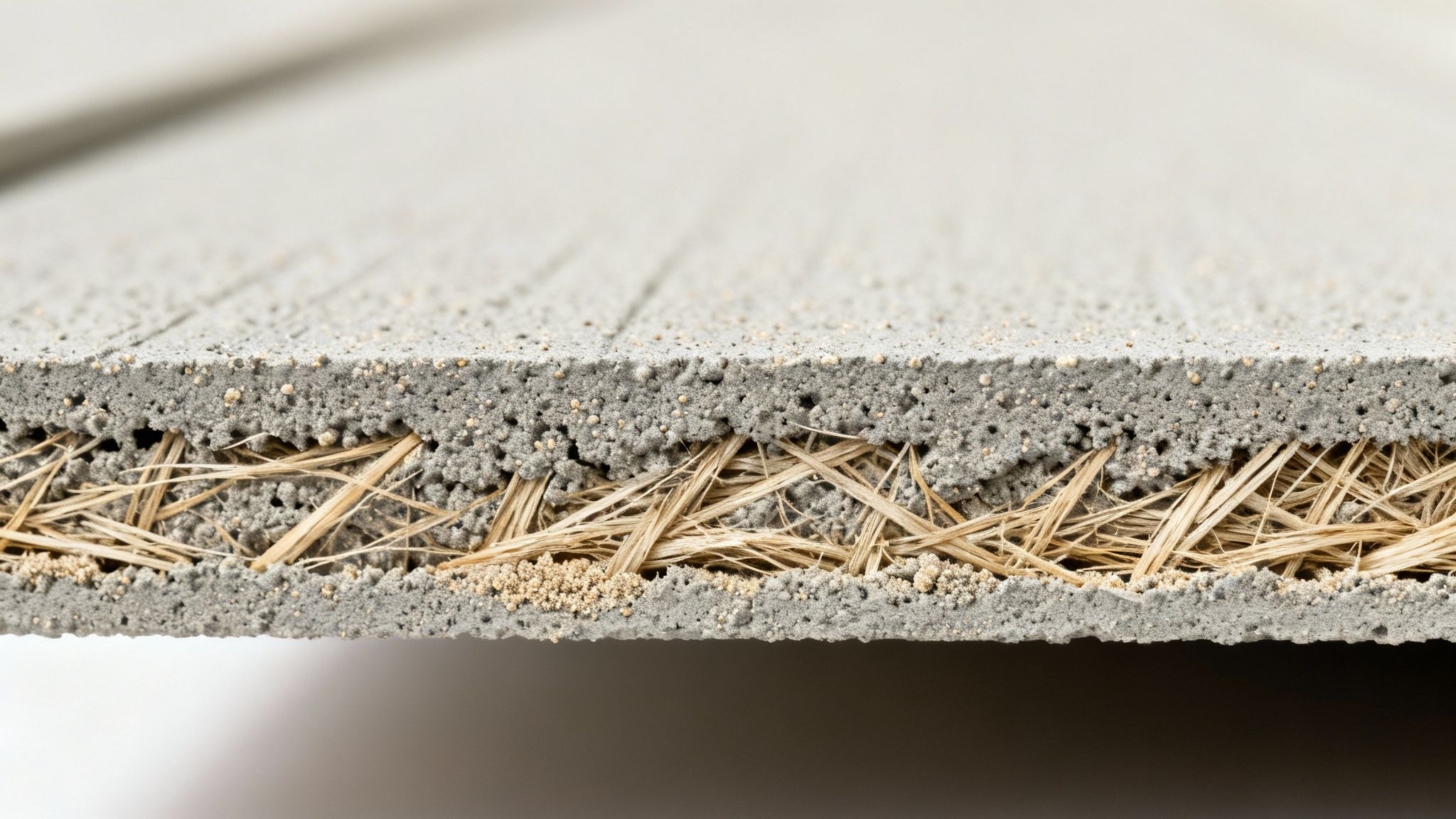 Close-up cross-section of a fiber cement board showing internal wood fibers within a grey matrix.