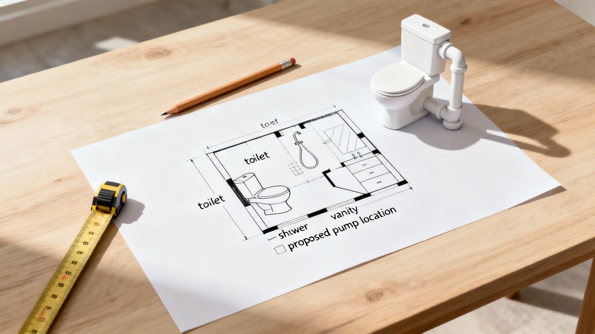 Miniature toilet on a bathroom floor plan with a pencil and measuring tape, for renovation.