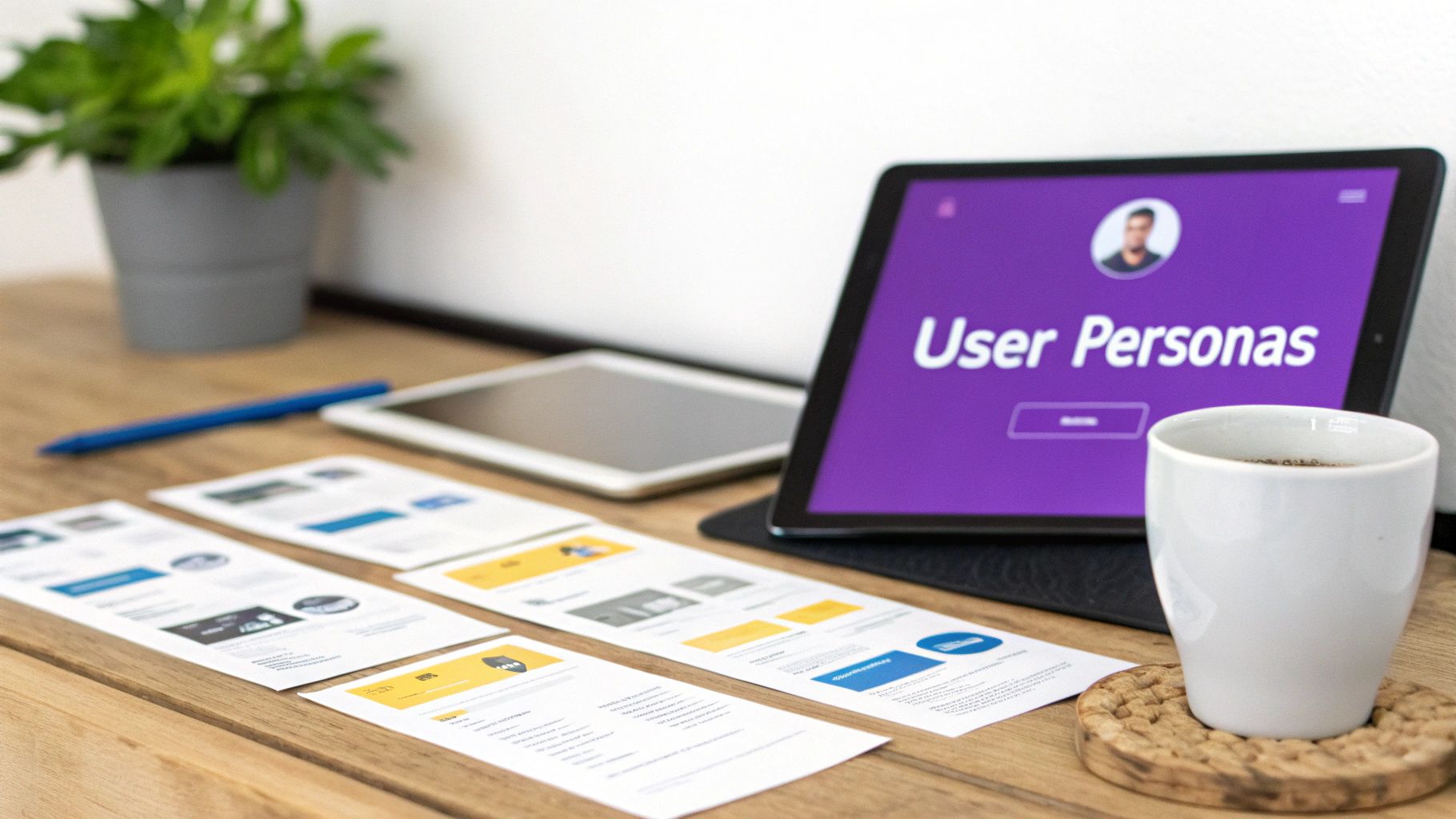 A workspace scene featuring a tablet displaying 'User Personas' alongside design documents and a coffee cup.