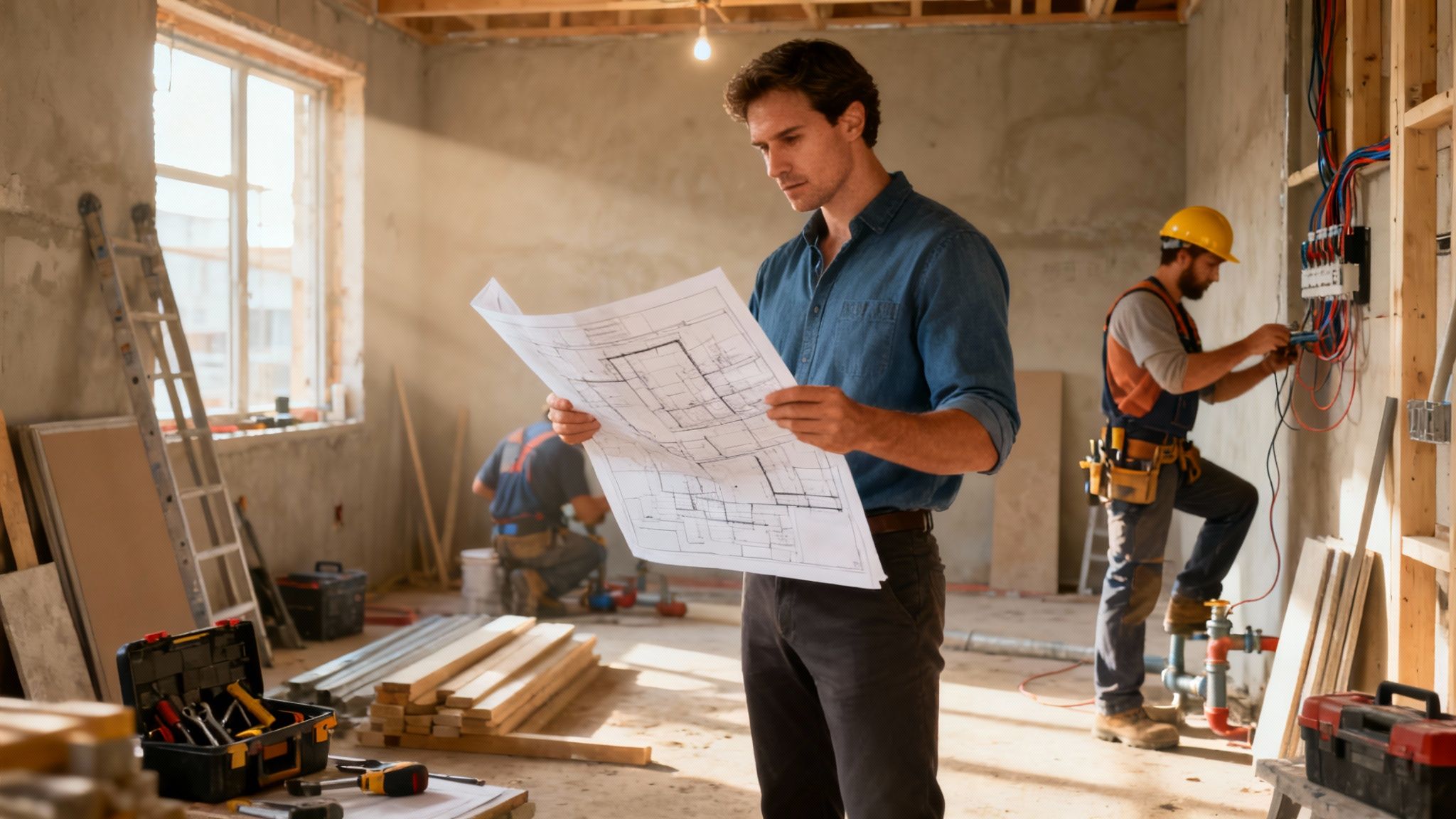 Construction team reviewing blueprints at a building site.