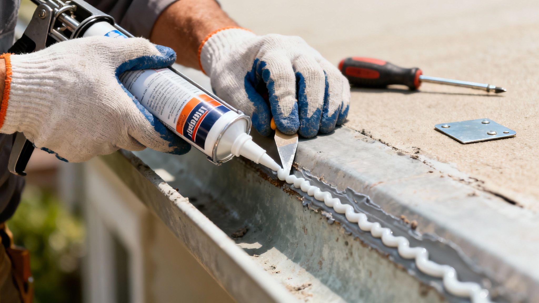 Worker in gloves applying white caulk with a caulking gun to repair a metal gutter.
