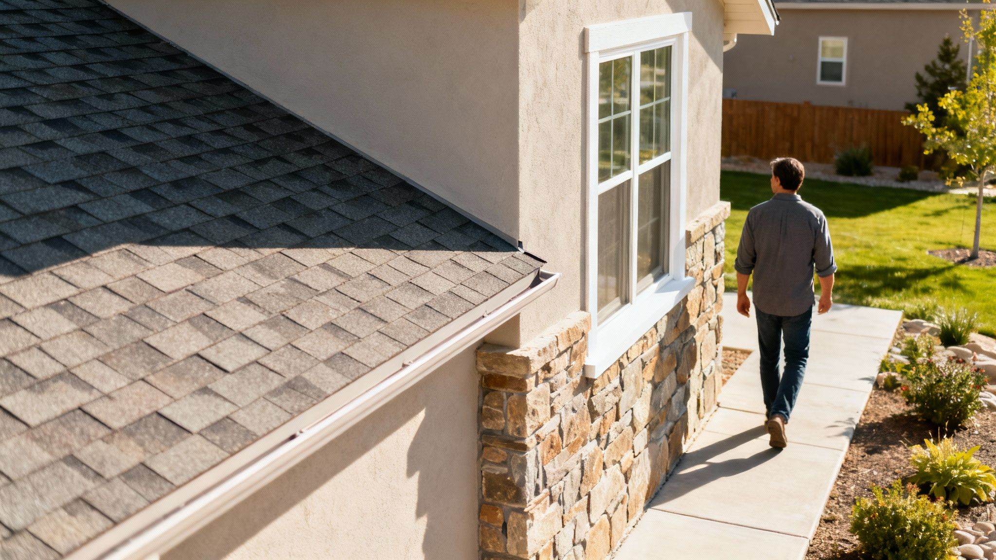 Rear view of a man walking on a sidewalk next to a house with an asphalt shingle roof.