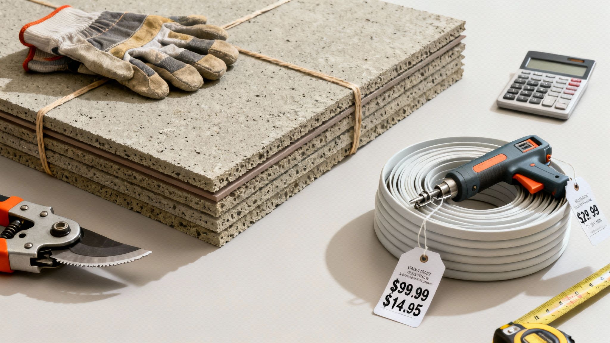 Various construction and DIY tools like fiber cement boards, gloves, heat gun, shears, and measuring tape.