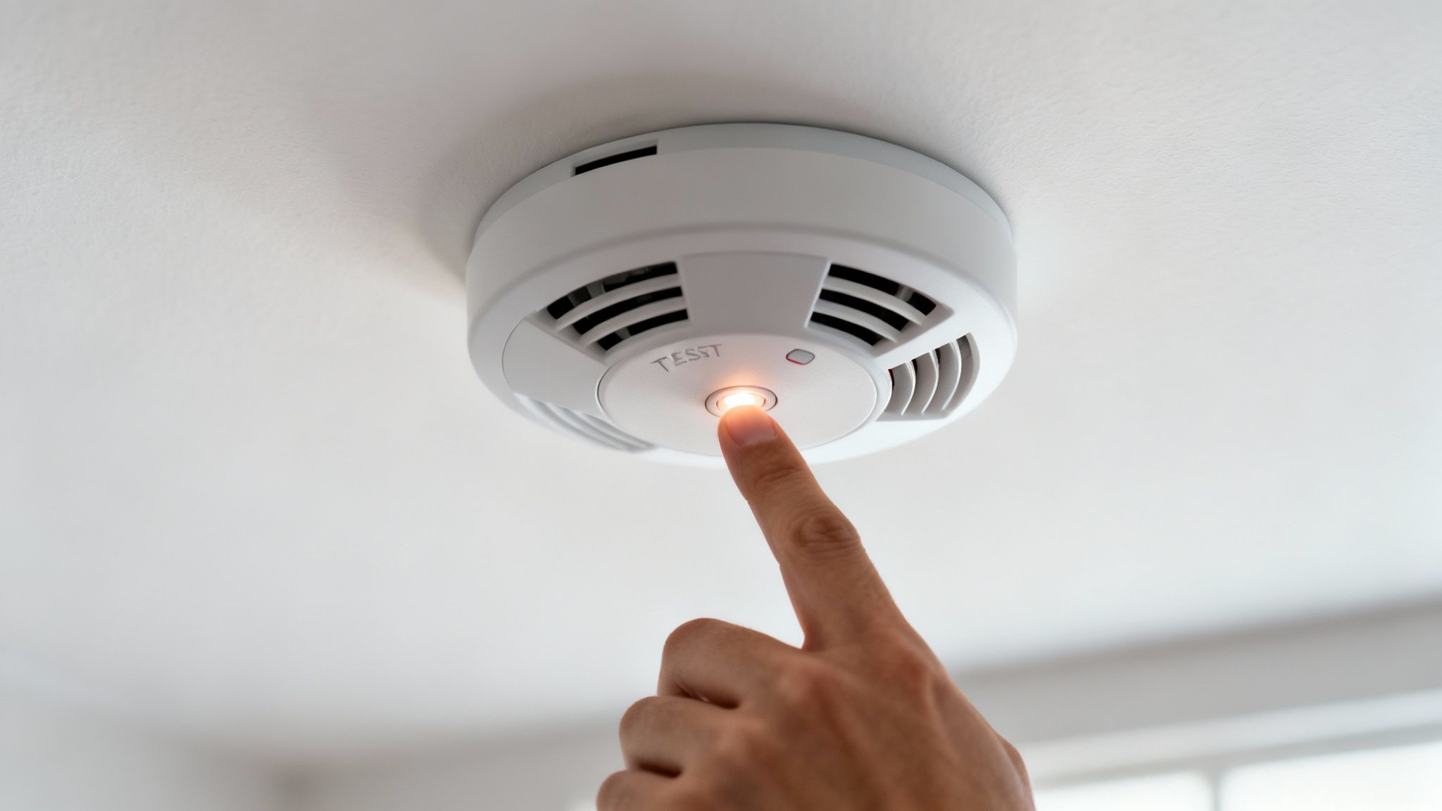 A hand presses the test button on a white smoke detector installed on a ceiling, showing a glowing orange light.