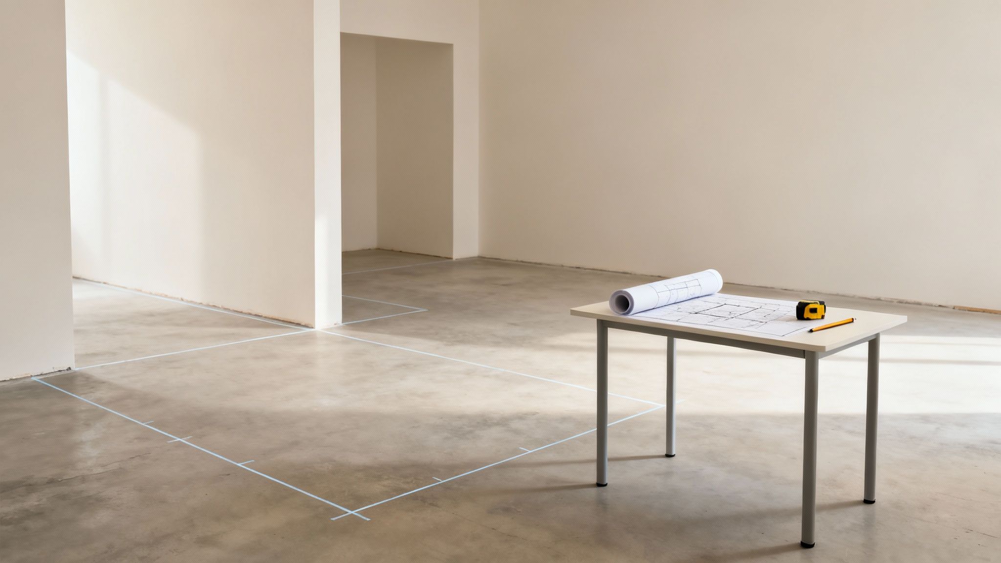 An architect reviewing blueprints for a commercial space undergoing tenant improvements