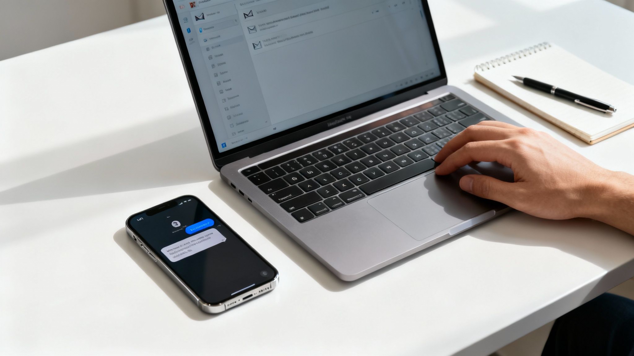 A person's hand on a laptop trackpad, with a smartphone and notebook on a white desk.