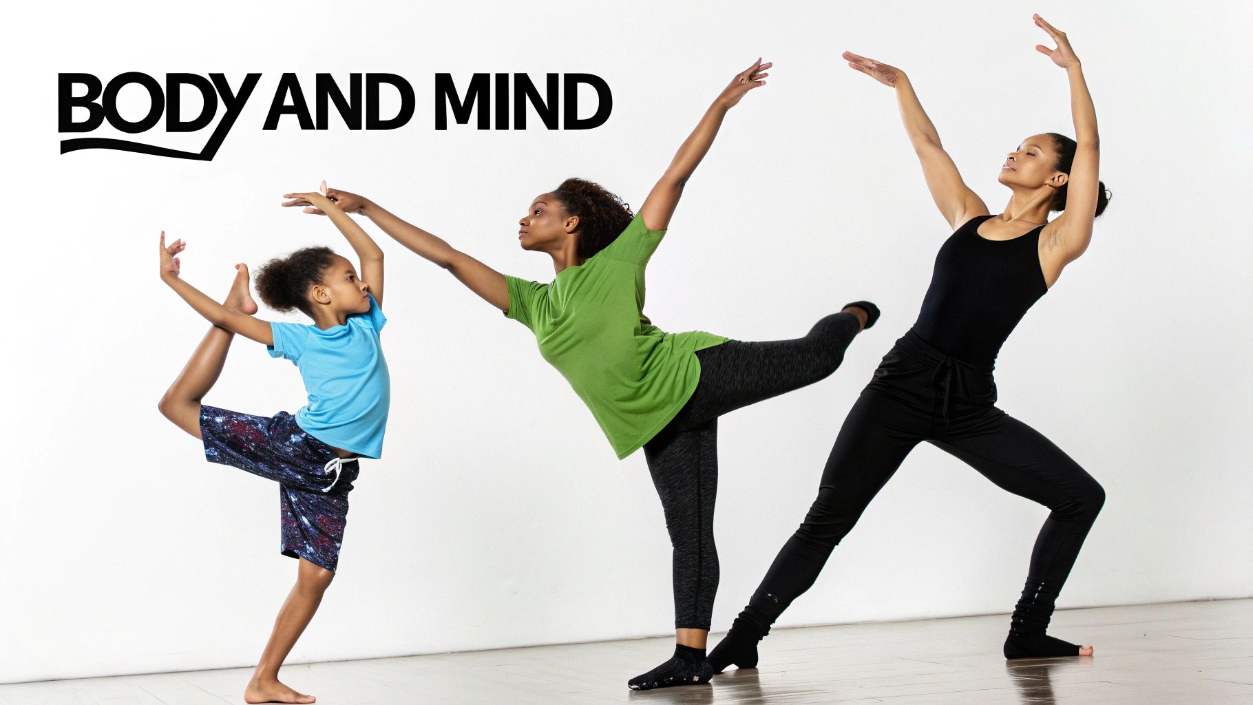 Three Black females, a child and two adults, performing modern dance or yoga poses in a studio.