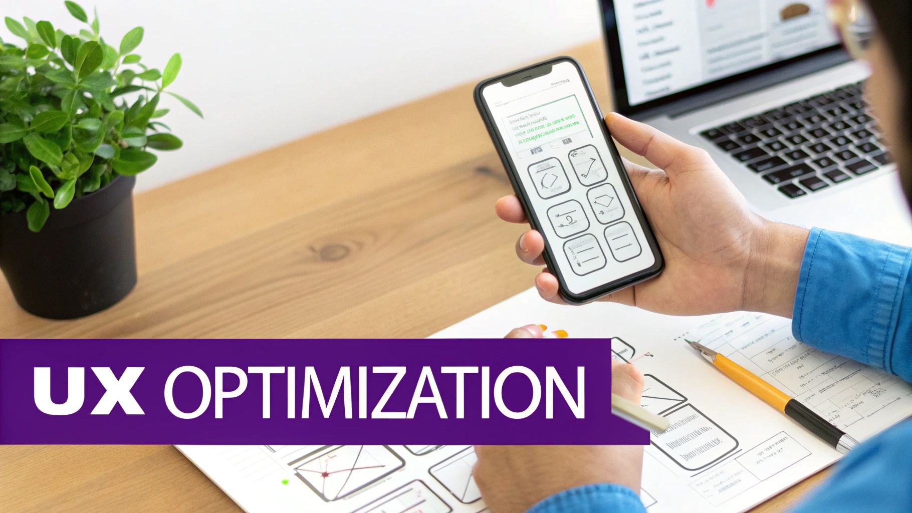 UX designer holding smartphone with app wireframe mockup while reviewing mobile optimization sketches on desk