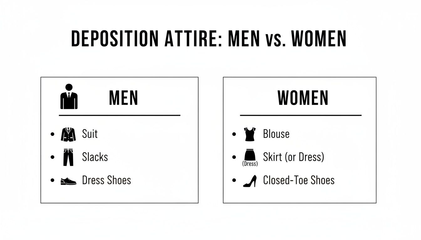 Infographic outlining appropriate deposition attire for men (suit, slacks, dress shoes) and women (blouse, skirt or dress, closed-toe shoes).