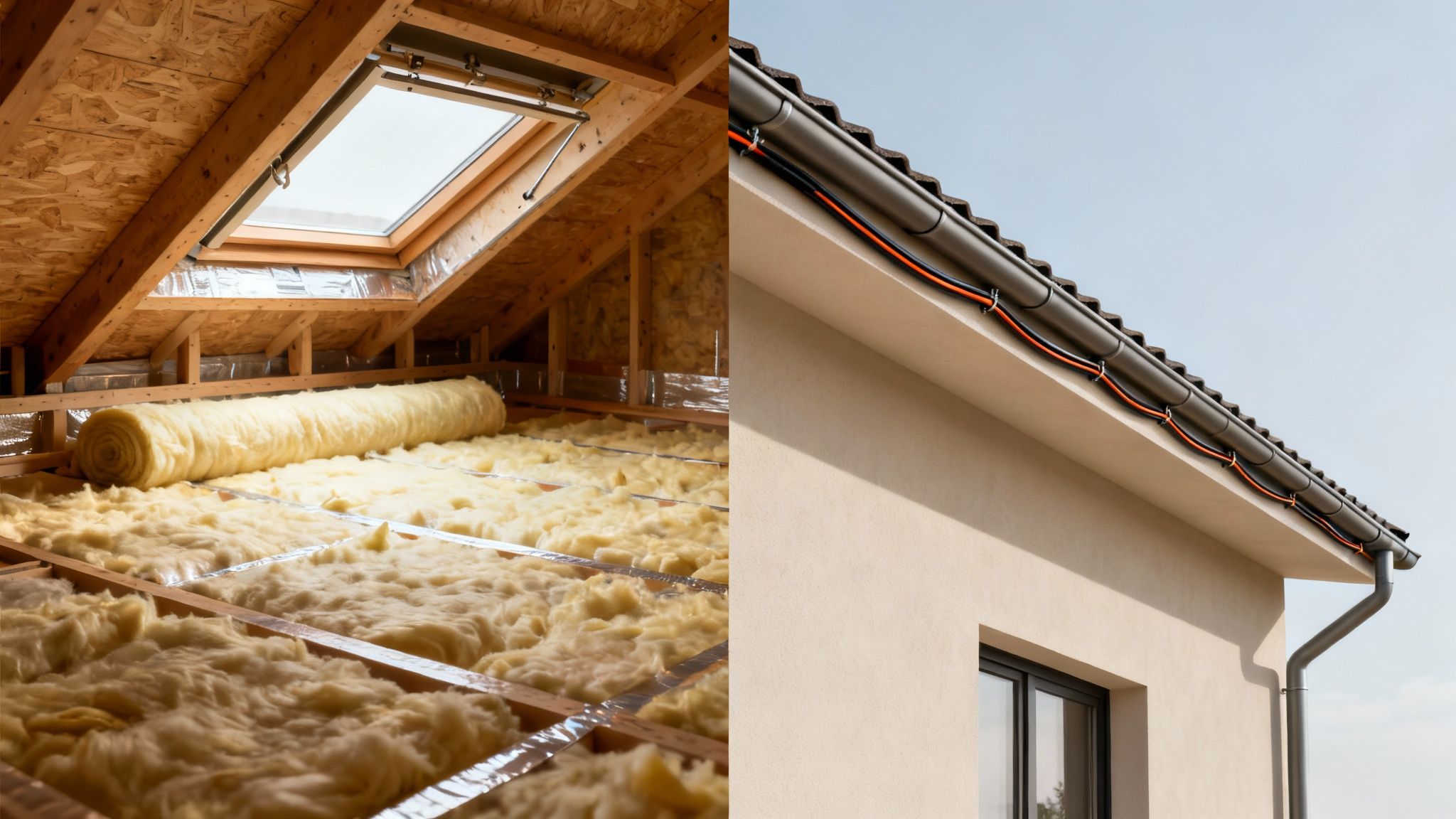 An attic undergoing insulation installation with a skylight, alongside a house exterior with a gutter and roof heating cables.